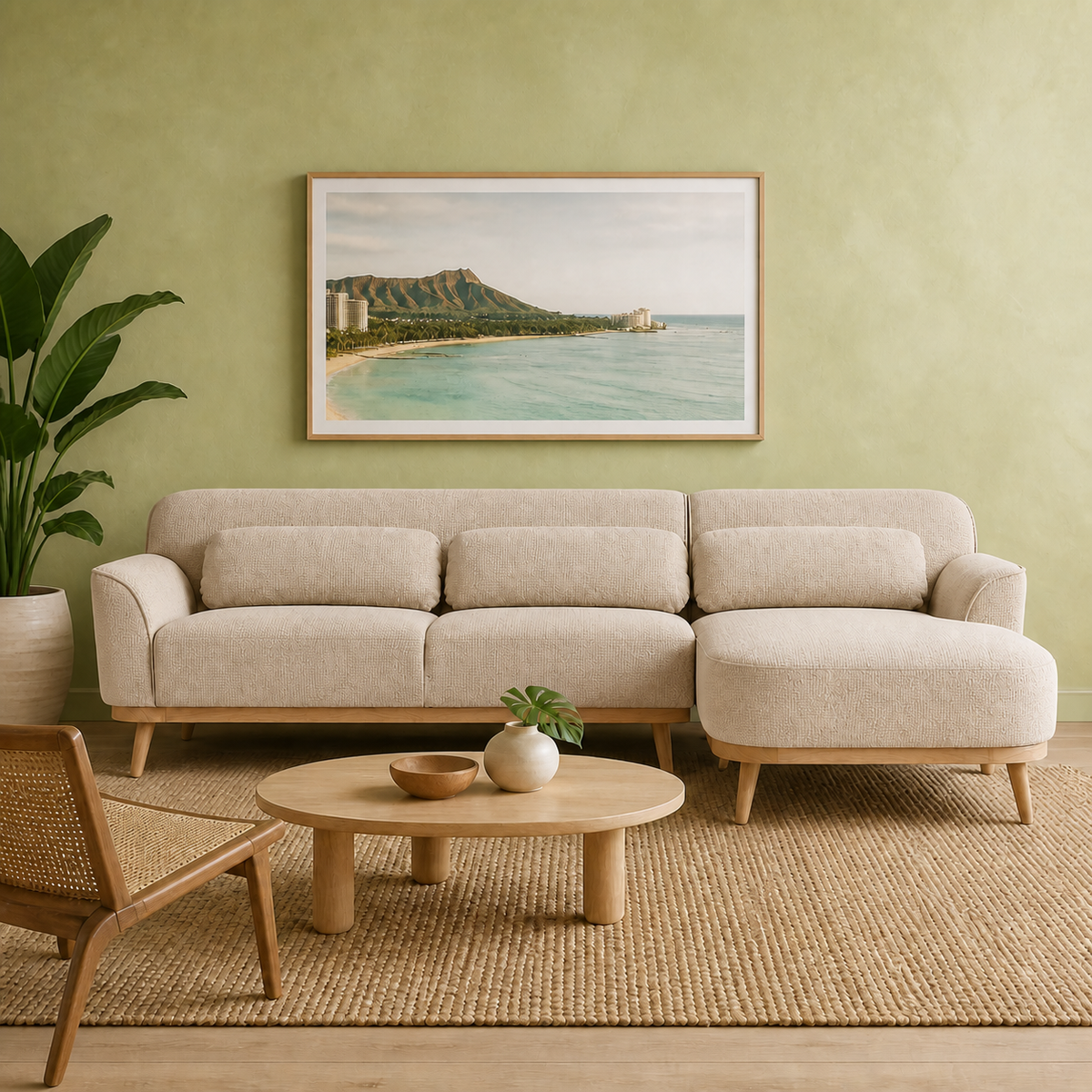Solid Wood Sectional 105 inch Beige Facing Right staged front in a color-calibrated Honolulu condo