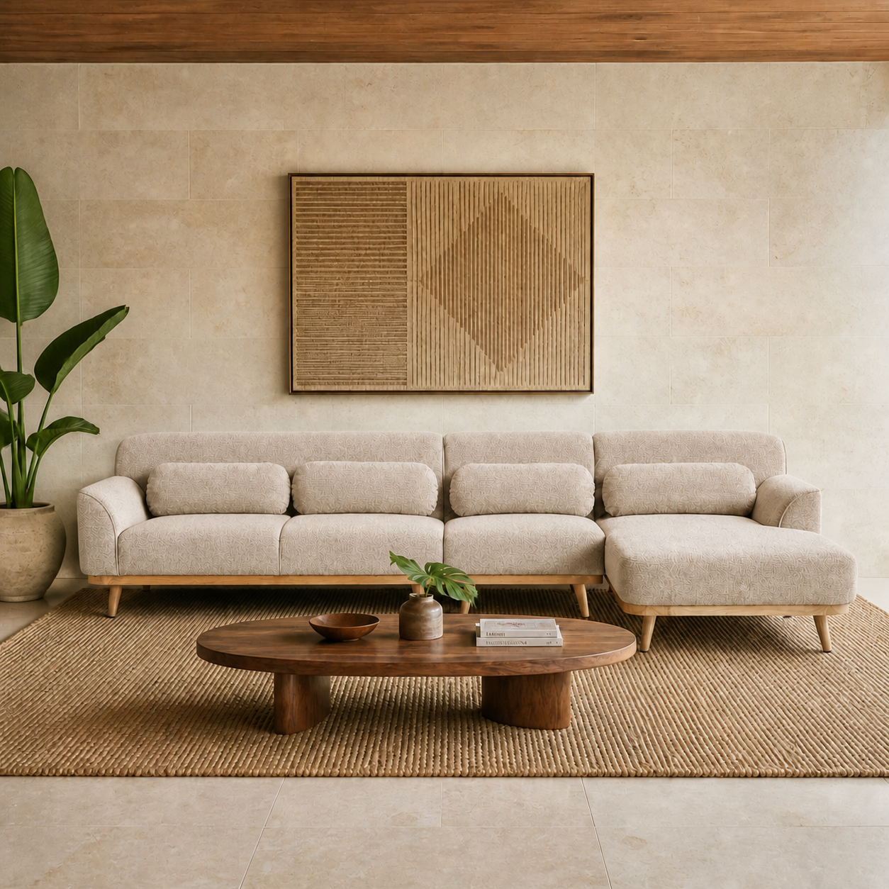 Solid Wood Sectional 135 inch Beige Facing Right staged front in a color-calibrated Hawaiian home