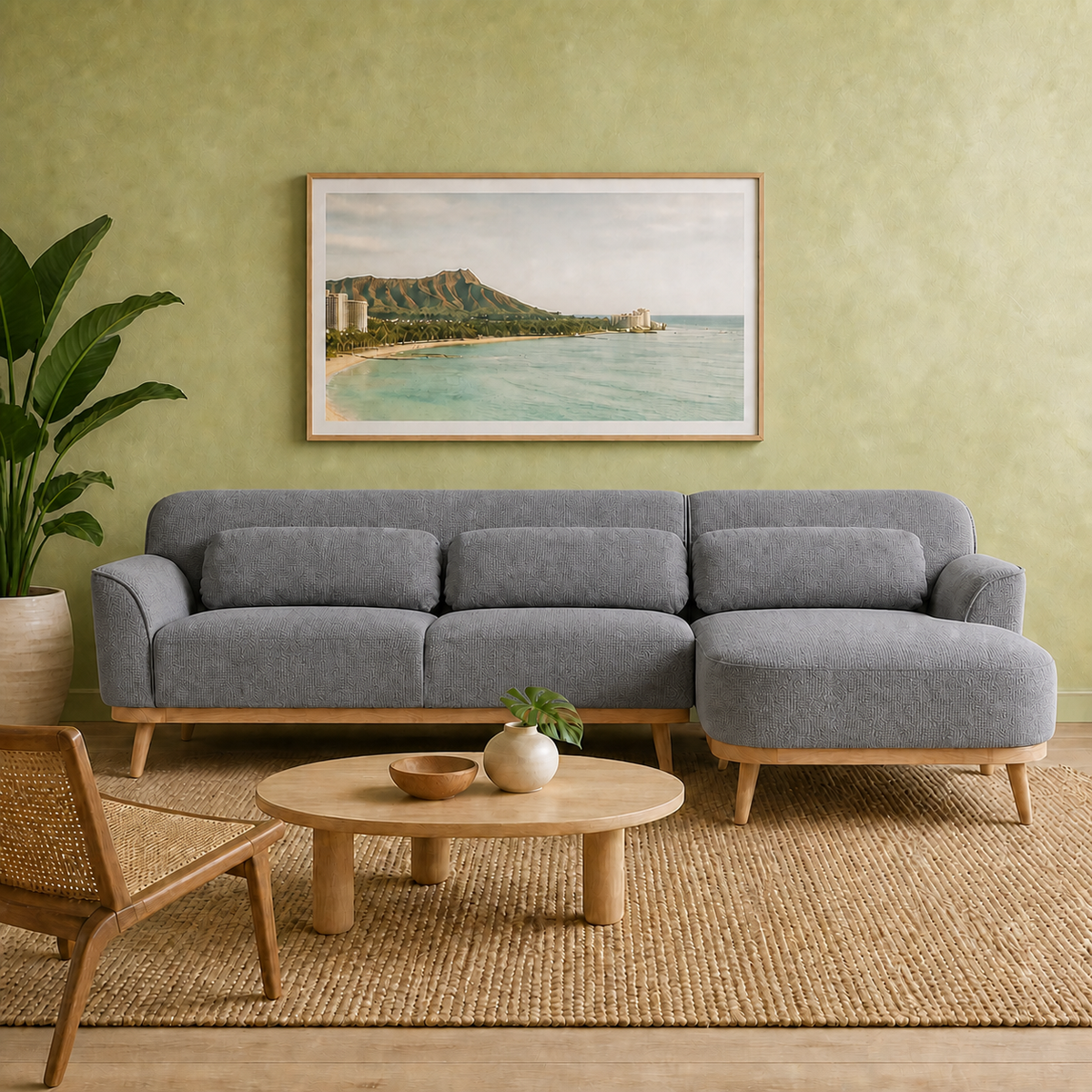 Solid Wood Sectional 105 inch Grey Facing Right staged front in a color-calibrated Honolulu condo