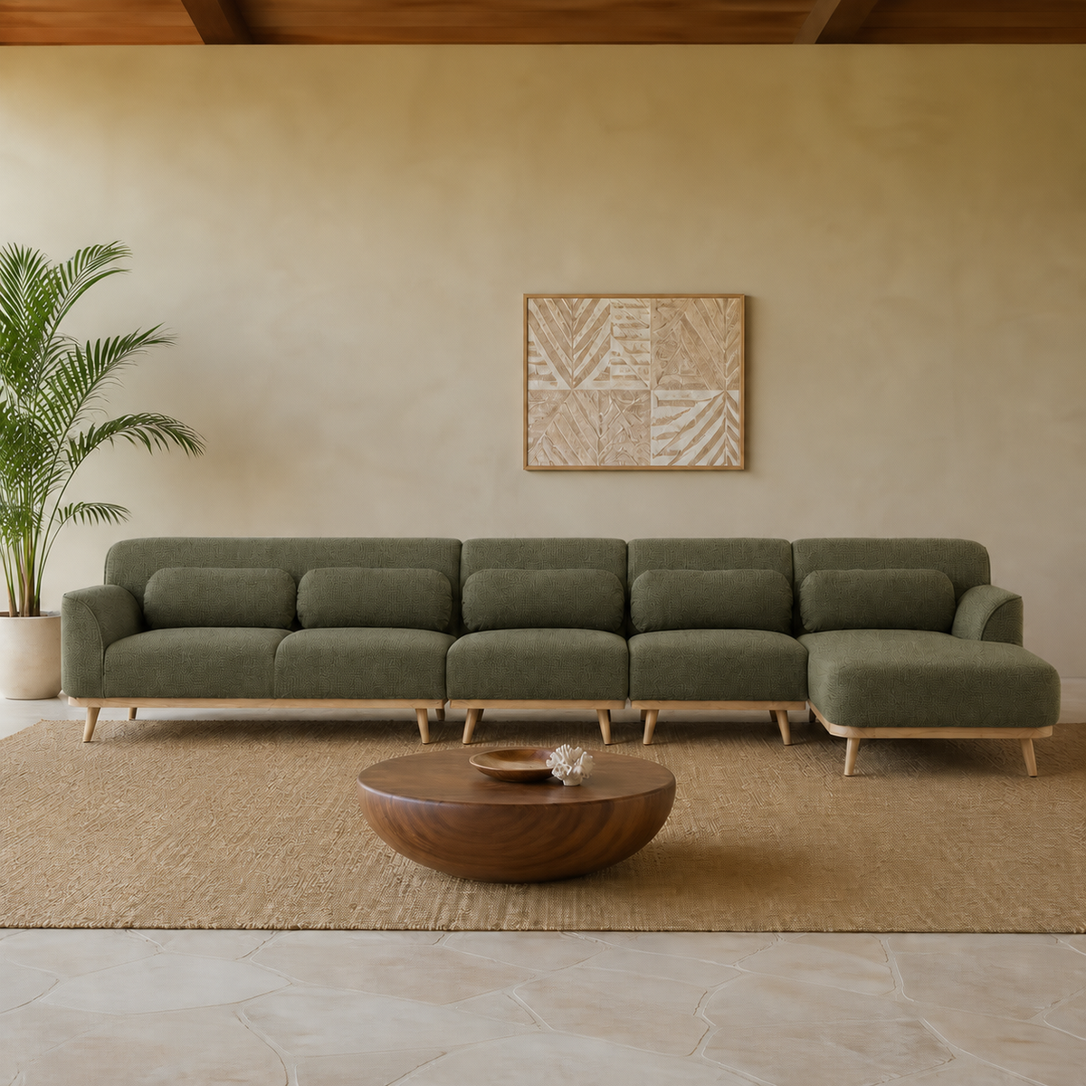 Solid Wood Sectional 164 inch Olive Green Facing Right staged front in a color-calibrated large Hawaiian home