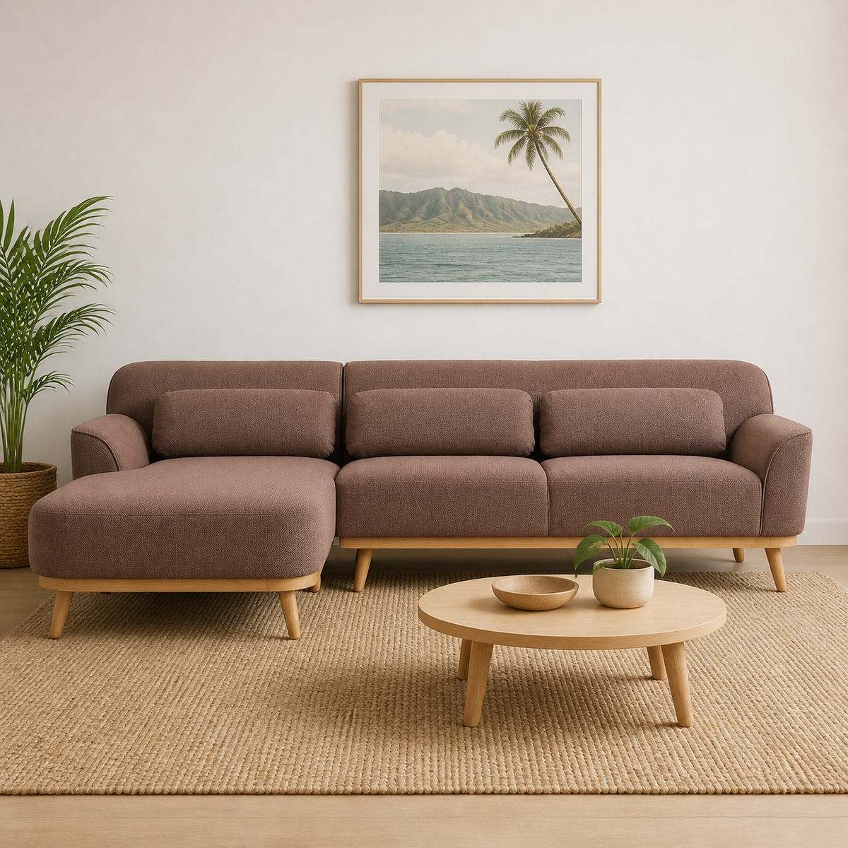 Solid Wood Sectional 105 inch Sand Facing Left rendered v3 staged front in a modern Hawaiian home