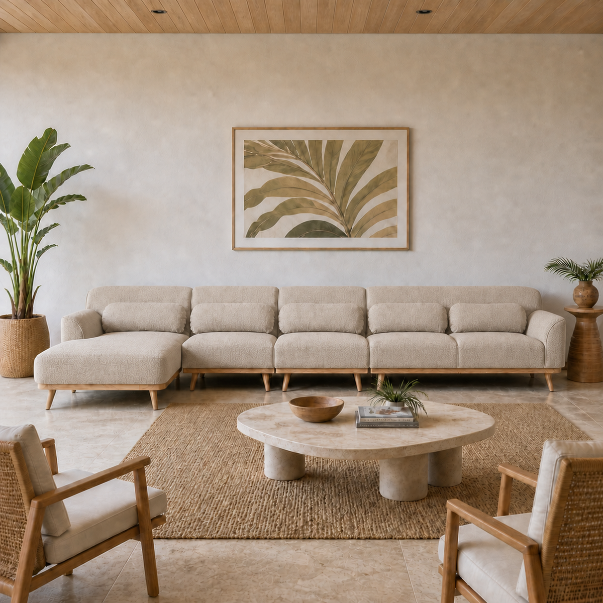 Solid Wood Sectional 164 inch Beige Facing Left staged front in a color-calibrated large Hawaiian home