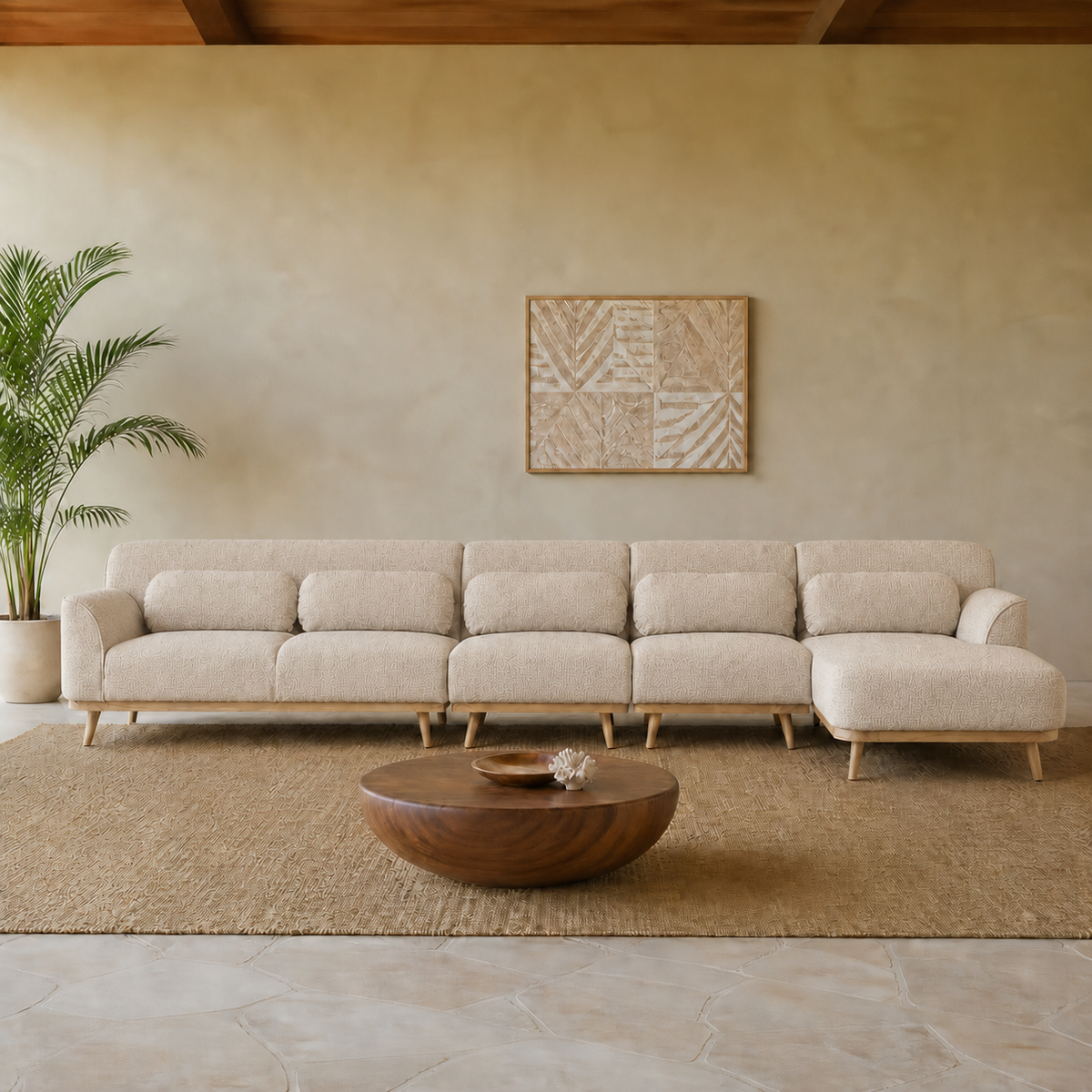 Solid Wood Sectional 164 inch Beige Facing Right staged front in a color-calibrated large Hawaiian home