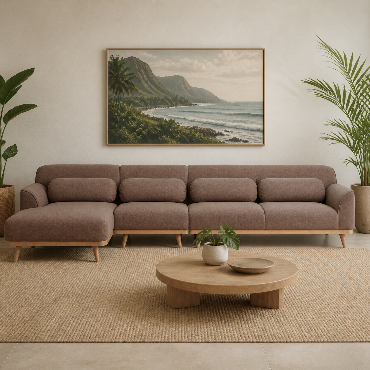 Solid Wood Sectional 135 inch Sand Facing Left rendered v3 staged front in a modern Hawaiian home