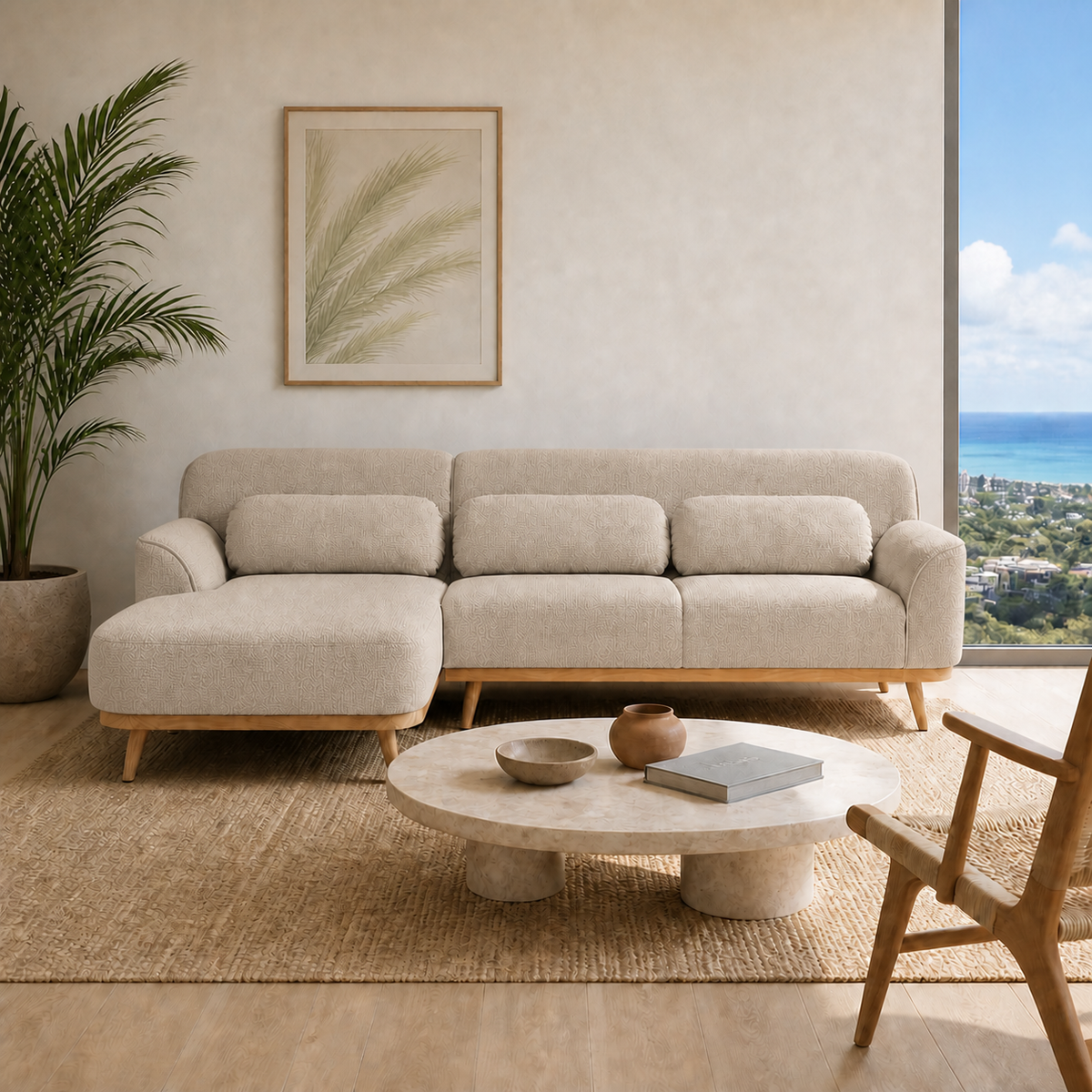Solid Wood Sectional 105 inch Beige Facing Left staged front in a color-calibrated Honolulu condo