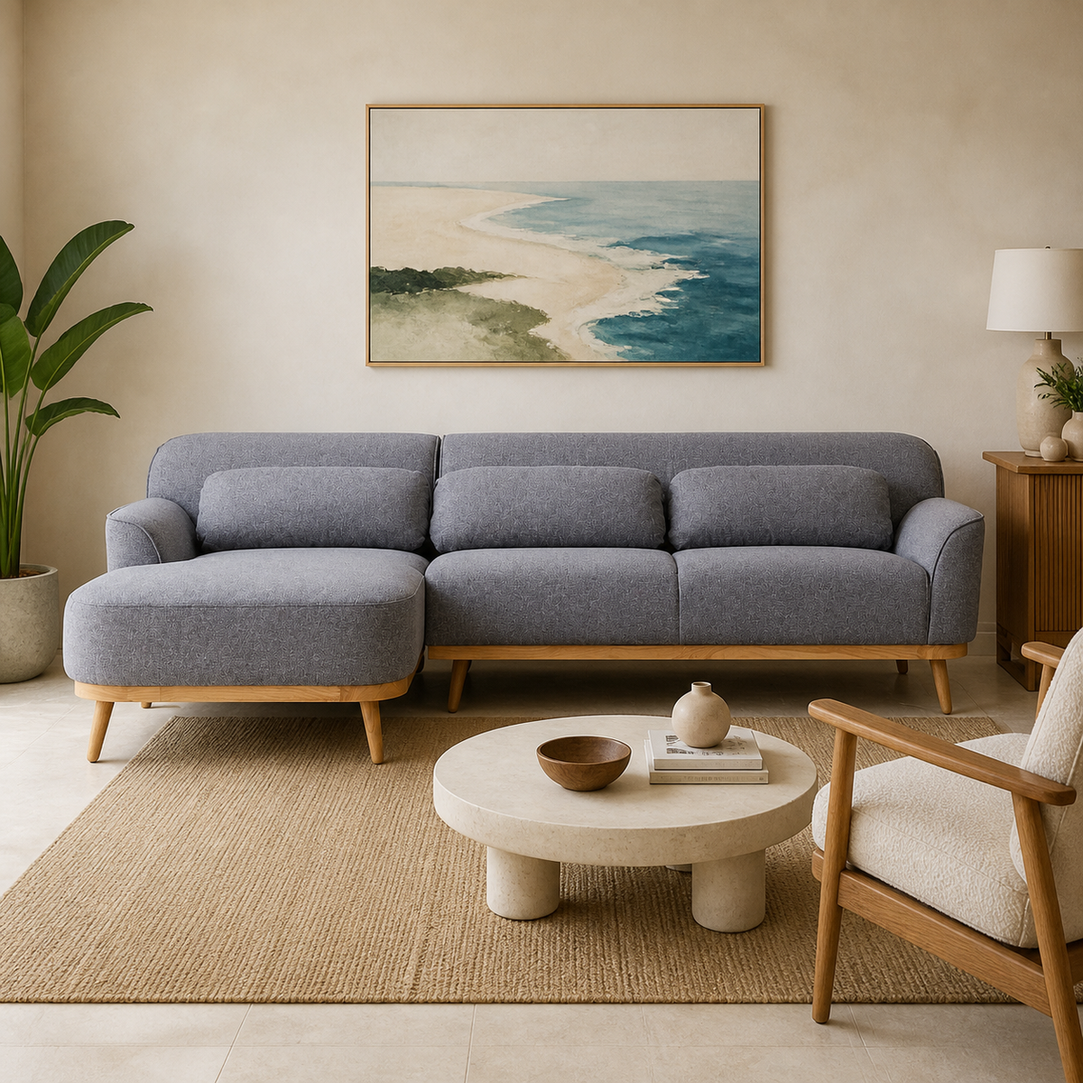 Solid Wood Sectional 105 inch Grey Facing Left staged front in a color-calibrated Honolulu condo