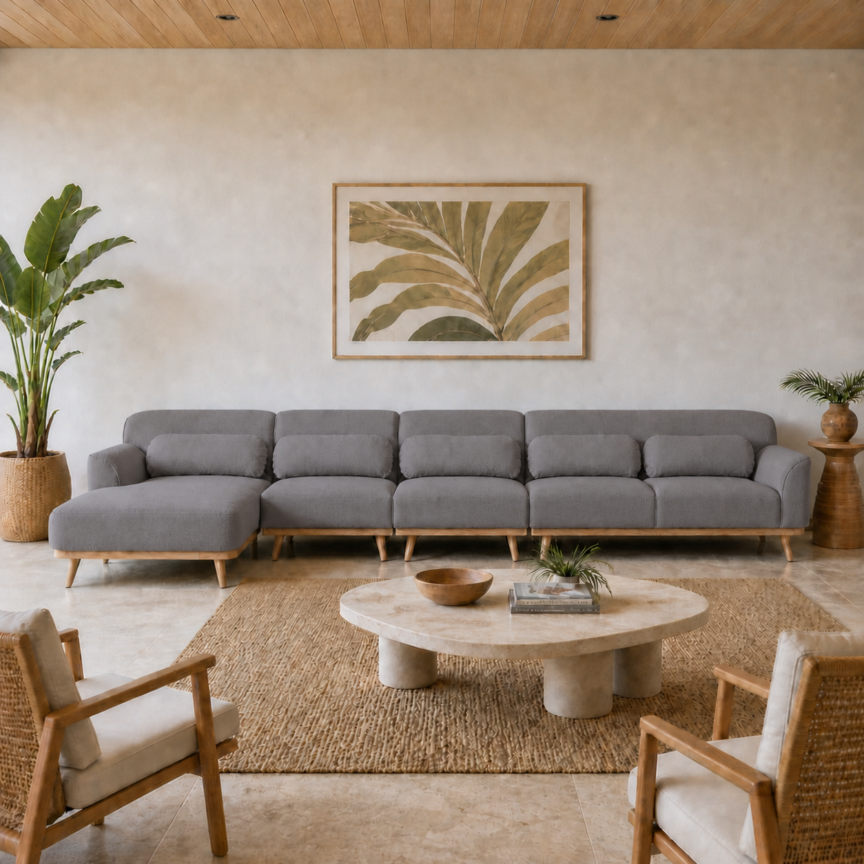 Solid Wood Sectional 164 inch Grey Facing Left staged front in a color-calibrated large Hawaiian home