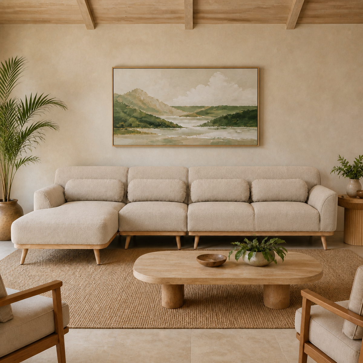 Solid Wood Sectional 135 inch Beige Facing Left staged front in a color-calibrated Hawaiian home