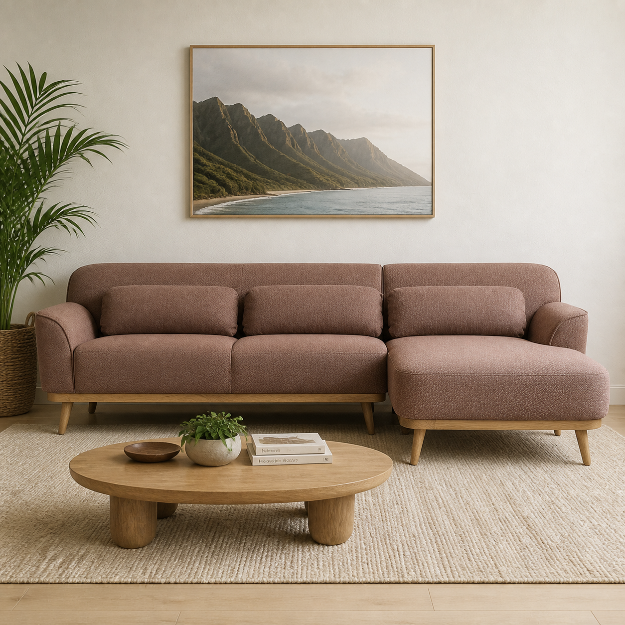 Solid Wood Sectional 105 inch Sand Facing Right rendered v3 staged front in a modern Hawaiian home