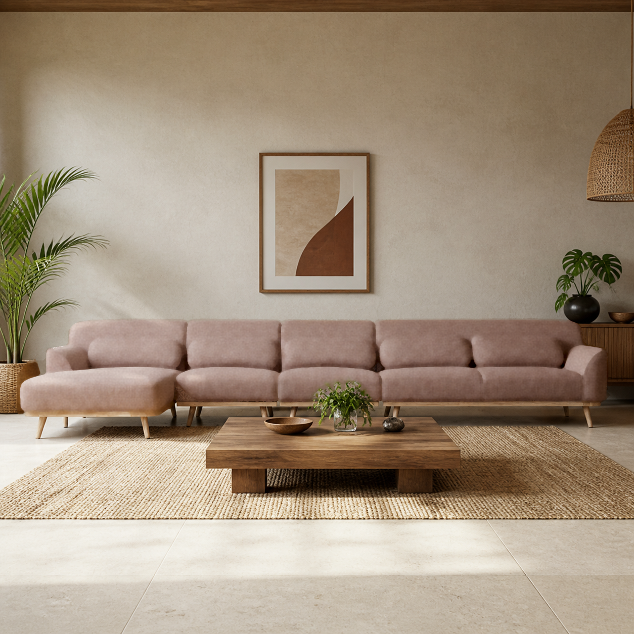 Solid Wood Sectional 164 inch Sand Facing Left rendered v3 staged front in a modern Hawaiian home