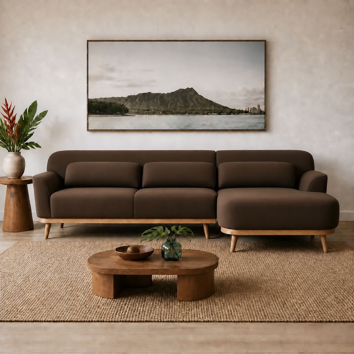 Solid Wood Sectional 105 inch Brown Facing Right rendered v3 staged front in a modern Hawaiian home