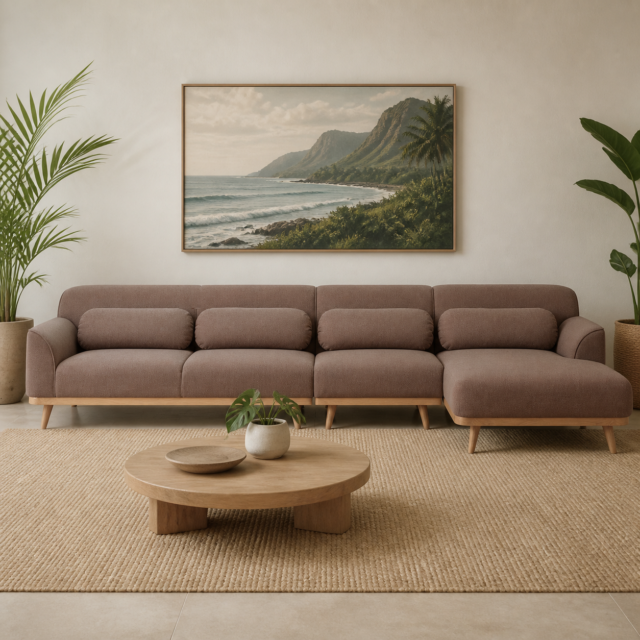 Solid Wood Sectional 135 inch Sand Facing Right rendered v3 staged front in a modern Hawaiian home