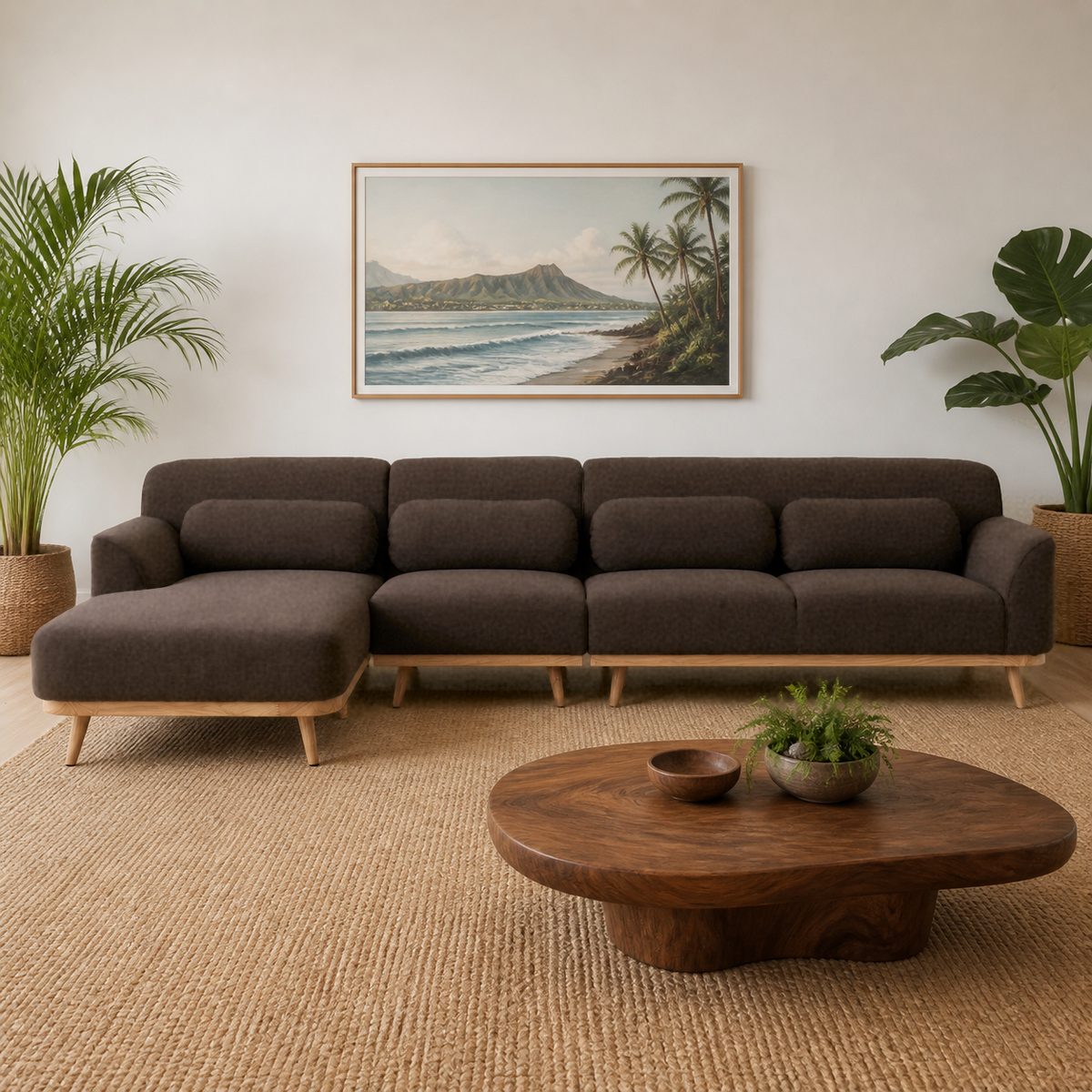 Solid Wood Sectional 135 inch Brown Facing Left rendered v3 staged front in a modern Hawaiian home