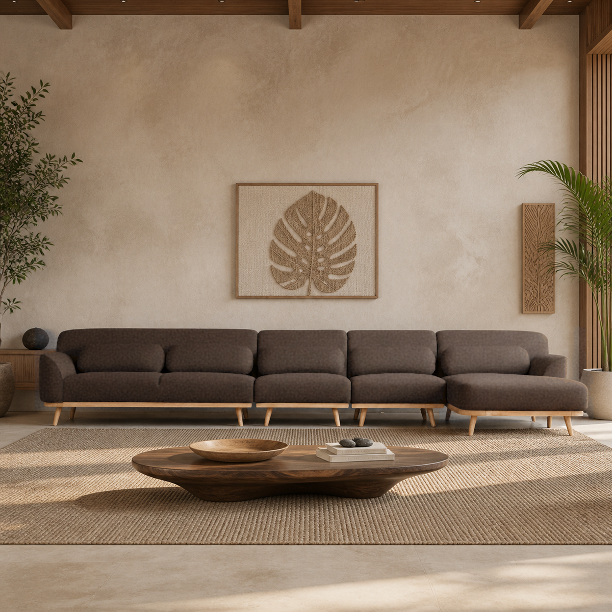 Solid Wood Sectional 164 inch Brown Facing Right rendered v3 staged front in a modern Hawaiian home