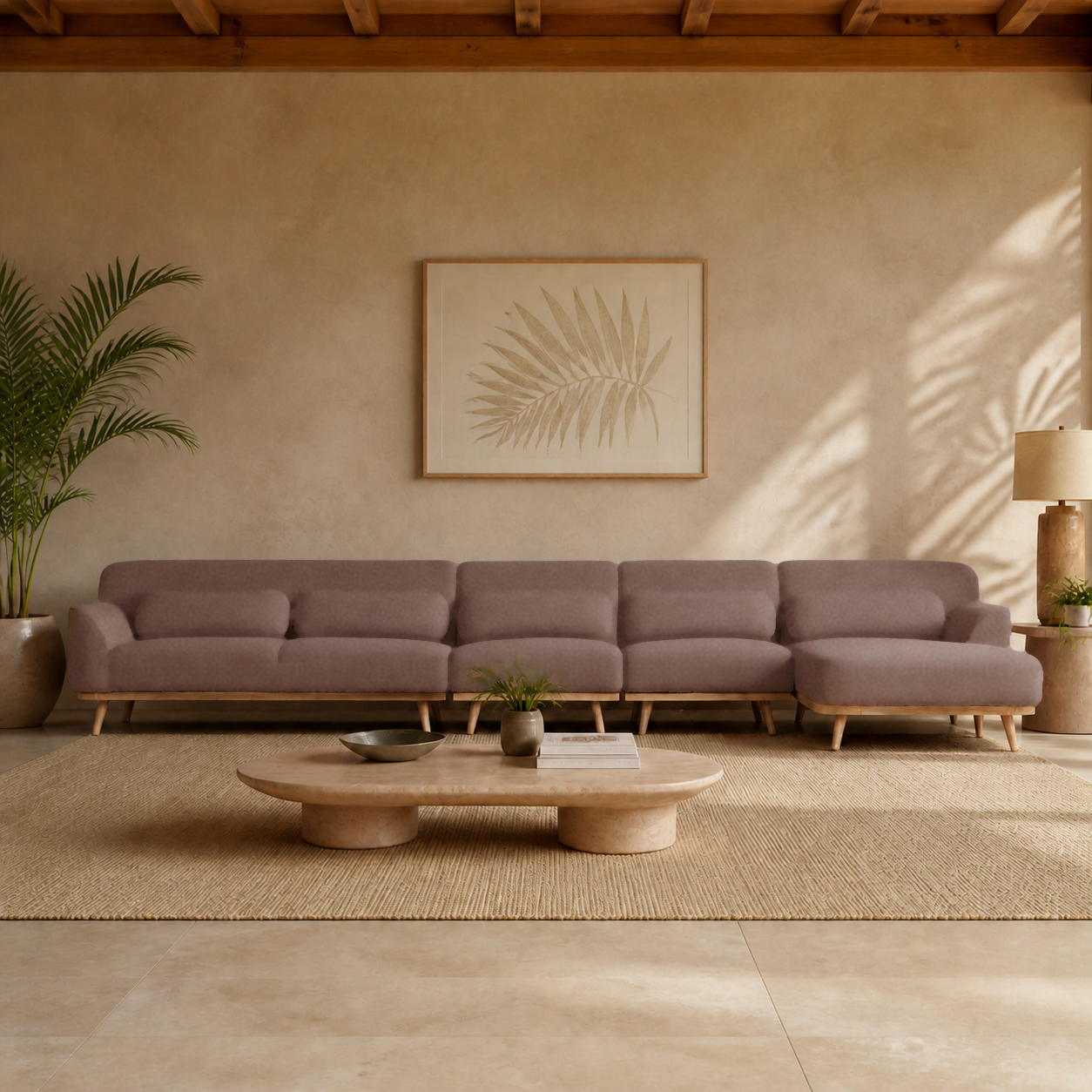 Solid Wood Sectional 164 inch Sand Facing Right rendered v3 staged front in a modern Hawaiian home