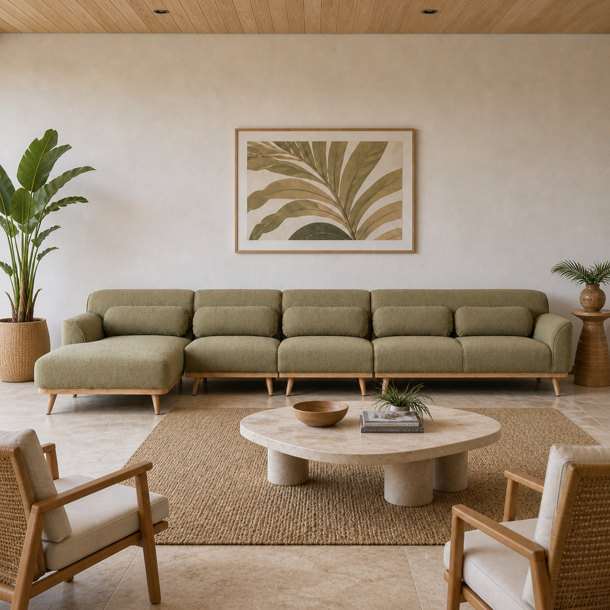 Solid Wood Sectional 164 inch Pistachio Facing Left staged front in a spatially planned large Hawaiian home