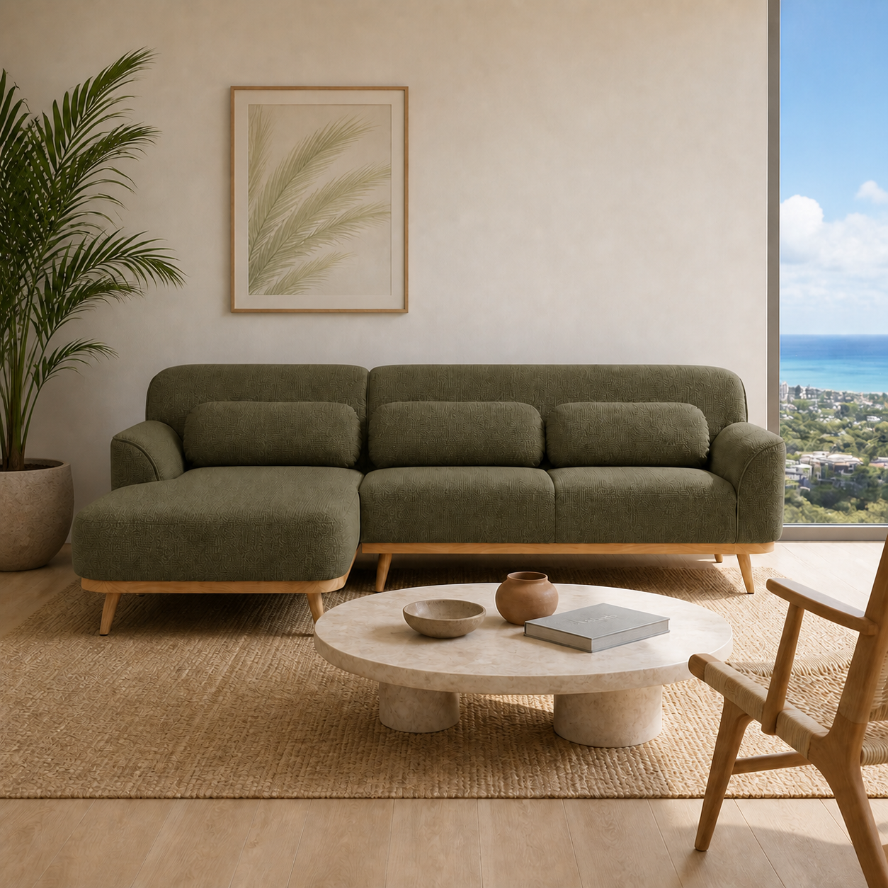Solid Wood Sectional 105 inch Olive Green Facing Left staged front in a color-calibrated Honolulu condo