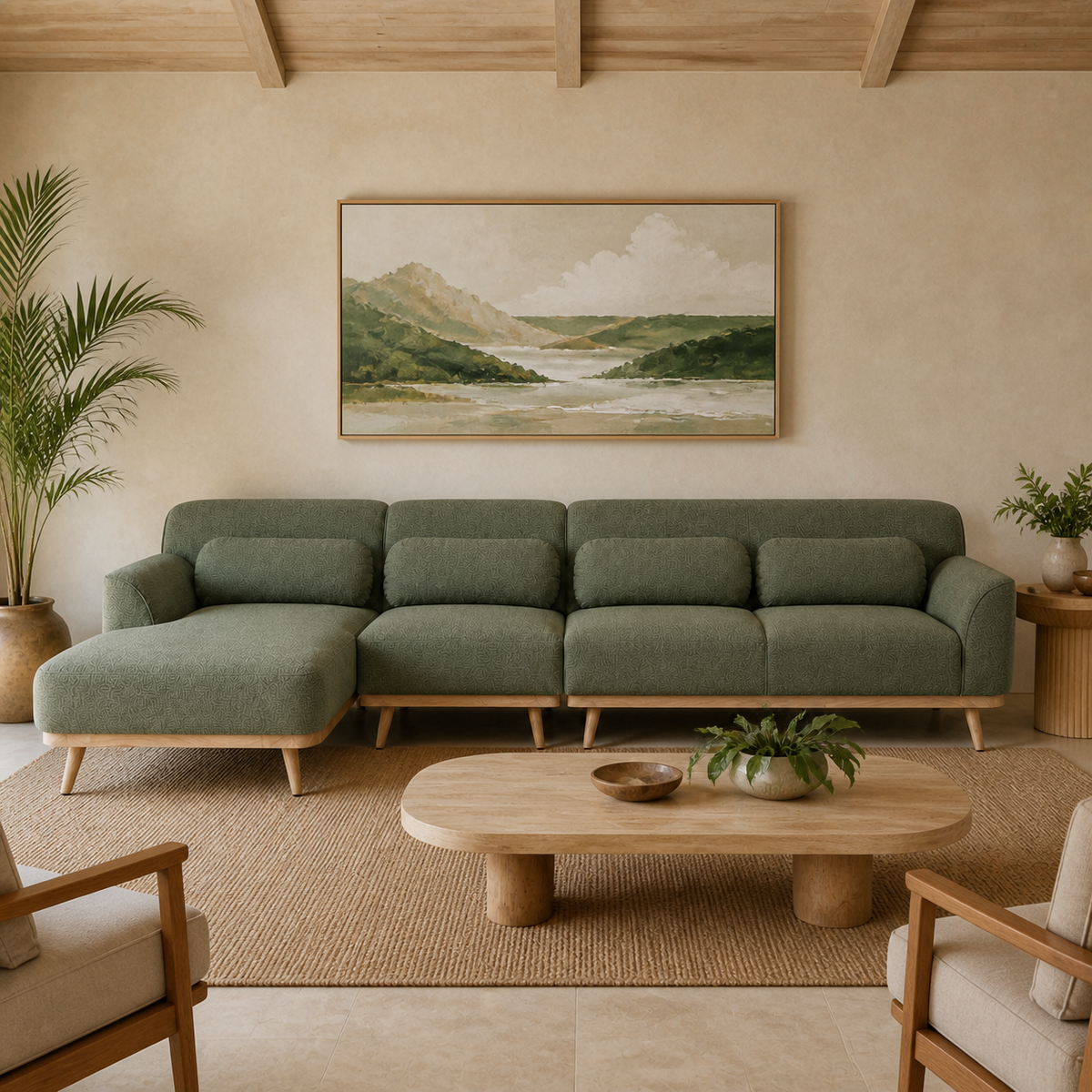 Solid Wood Sectional 135 inch Olive Green Facing Left staged front in a color-calibrated Hawaiian home