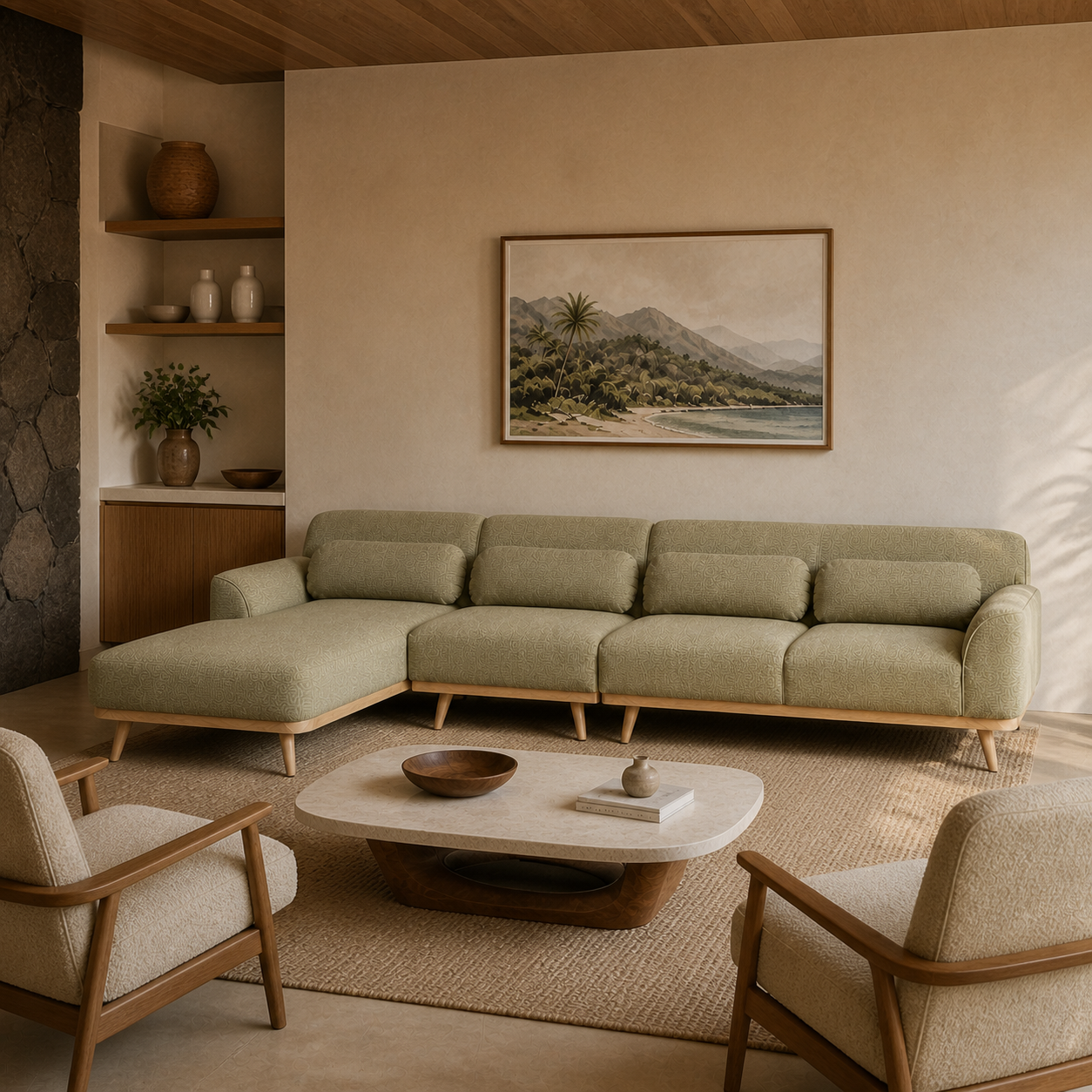 Solid Wood Sectional 135 inch Pistachio Facing Left staged side in a spatially planned Hawaiian home