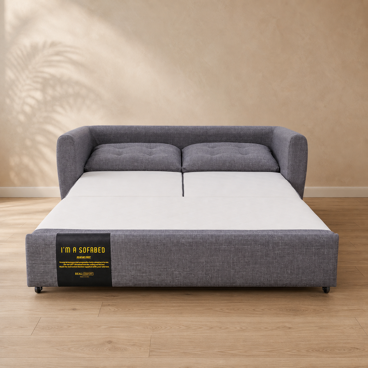 Rebecca Queen Size Sofa Bed in Gray front view in queen sleeper mode
