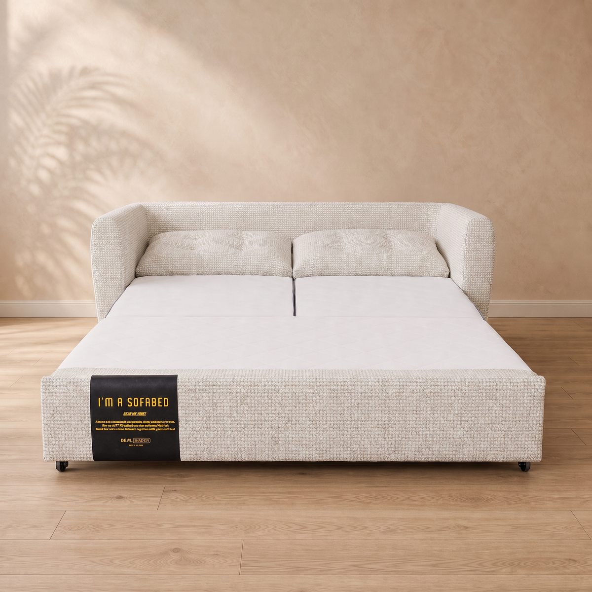 Rebecca Queen Size Sofa Bed in Ivory Weave front view in queen sleeper mode