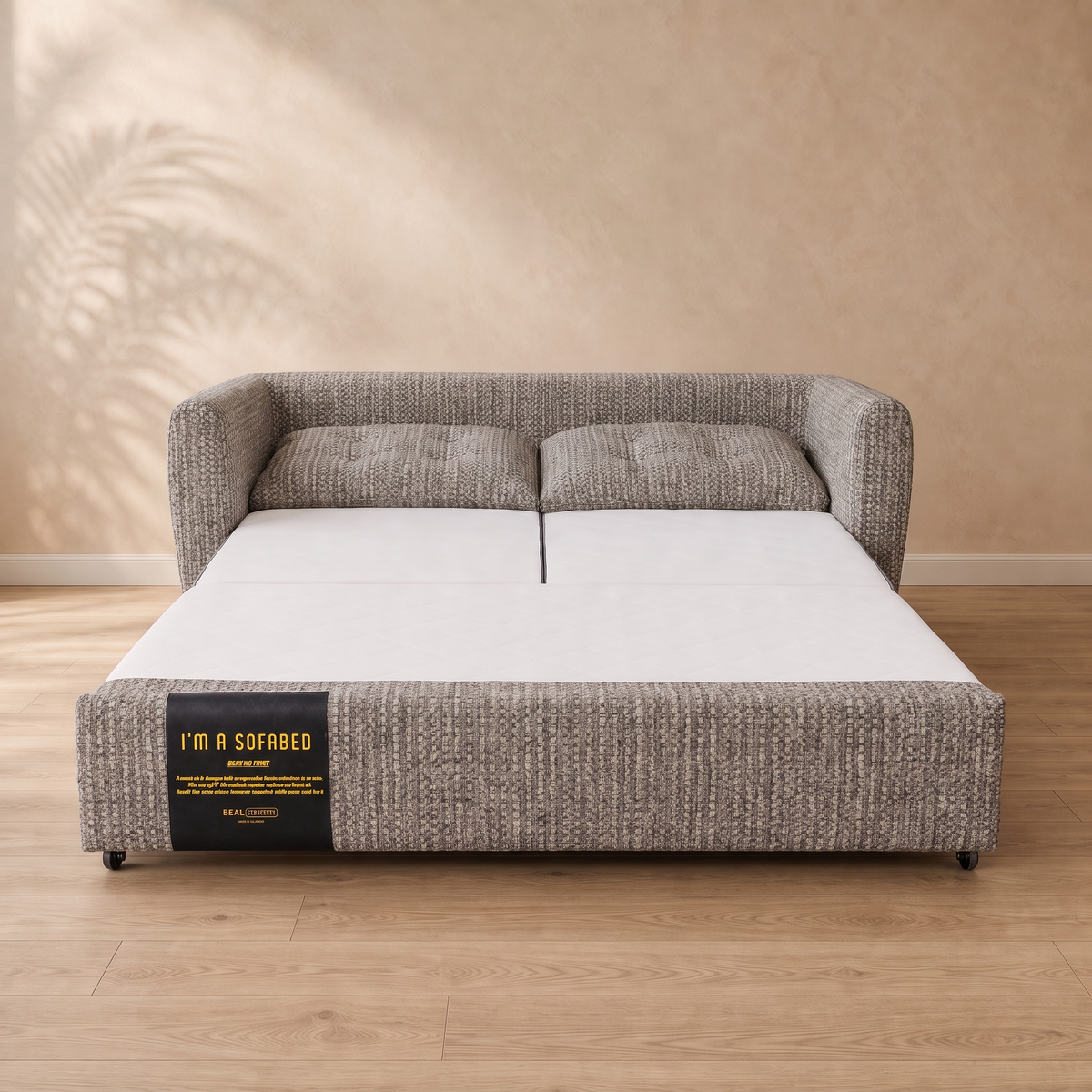 Rebecca Queen Size Sofa Bed in Taupe Weave front view in queen sleeper mode