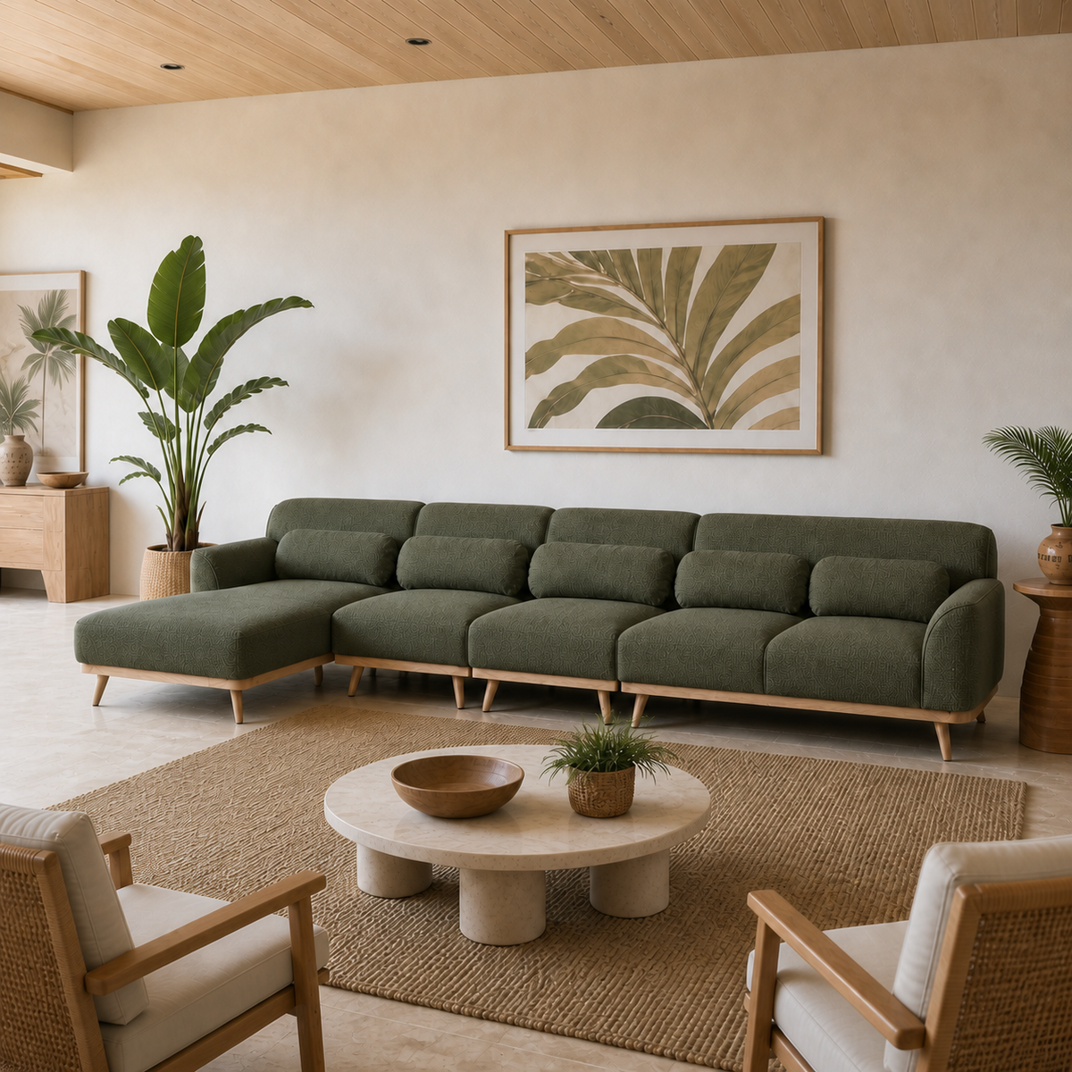 Solid Wood Sectional 164 inch Olive Green Facing Left staged side in a color-calibrated large Hawaiian home