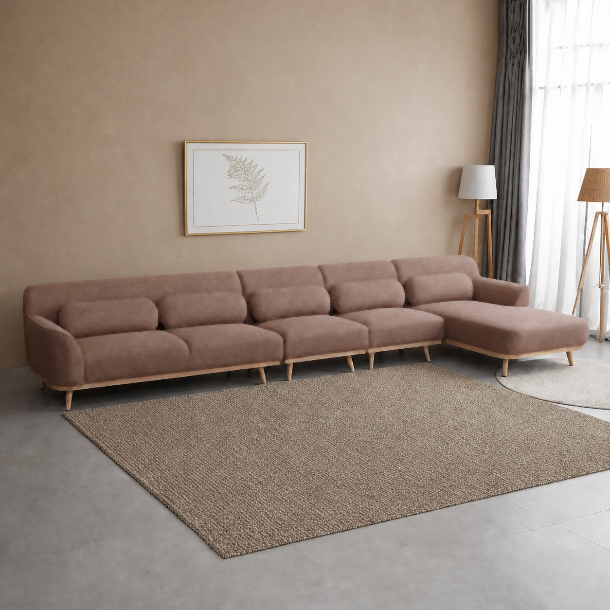 Solid Wood Sectional 164 inch Sand Facing Right rendered v3 staged side in a modern Hawaiian home