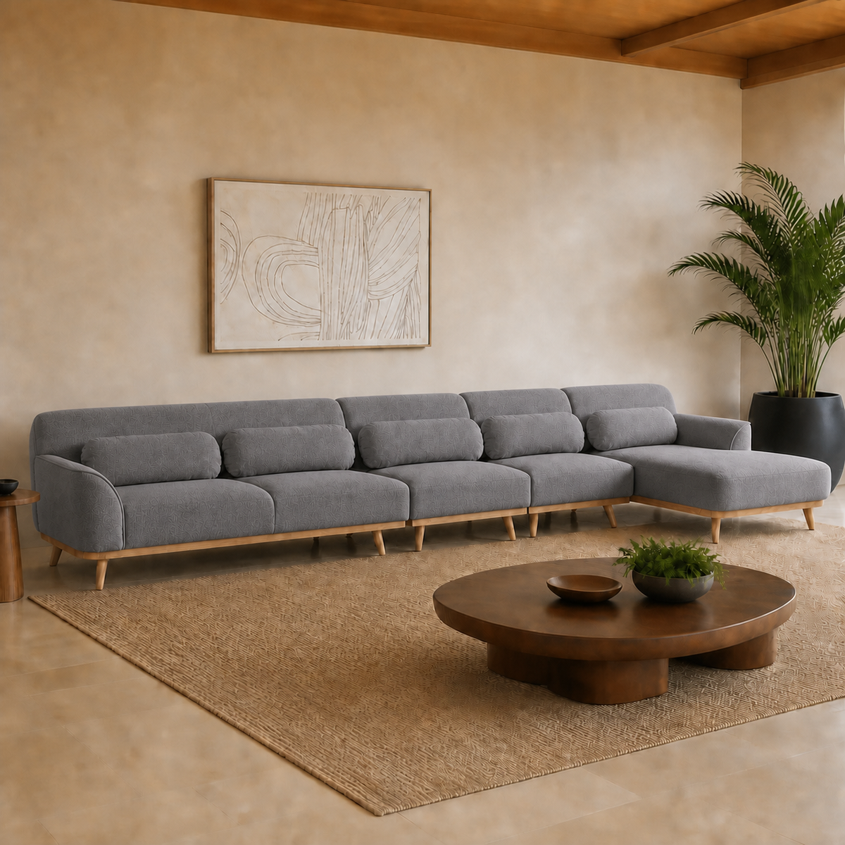 Solid Wood Sectional 164 inch Grey Facing Right staged side in a color-calibrated large Hawaiian home