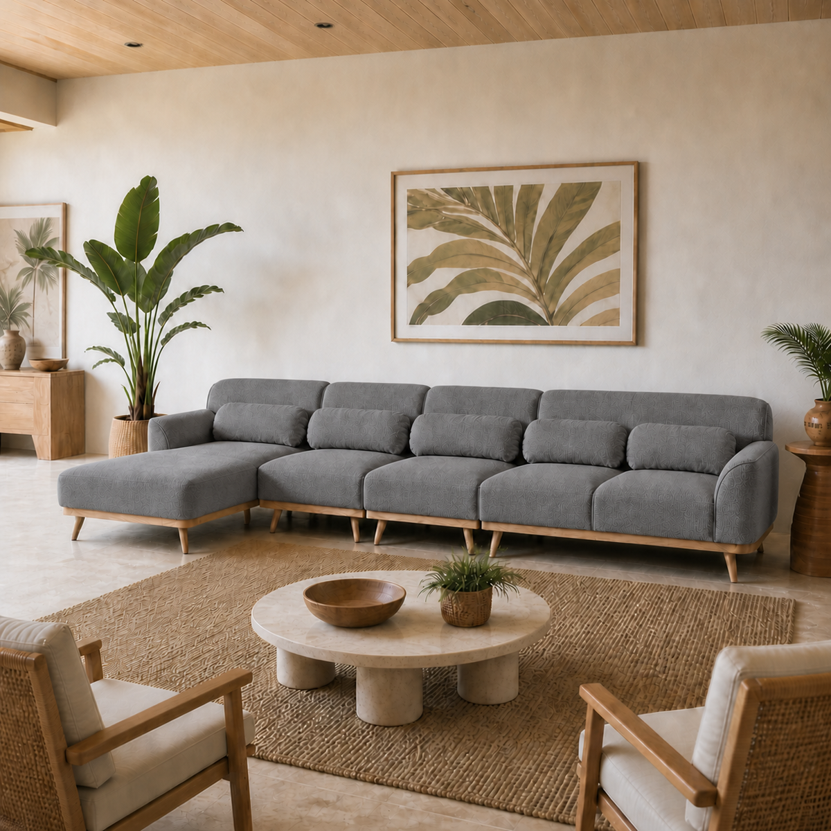 Solid Wood Sectional 164 inch Grey Facing Left staged side in a color-calibrated large Hawaiian home