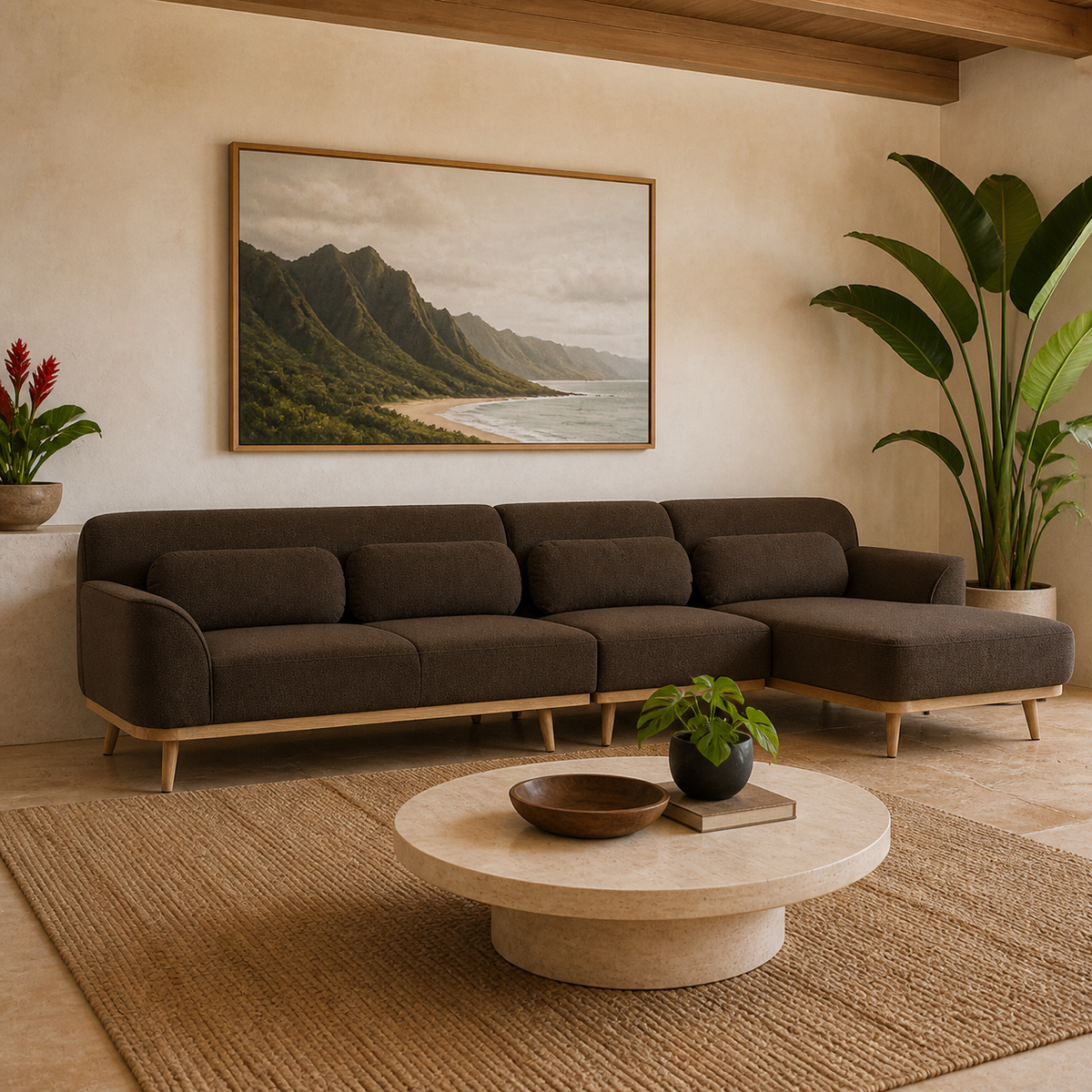 Solid Wood Sectional 135 inch Brown Facing Right rendered v3 staged side in a modern Hawaiian home