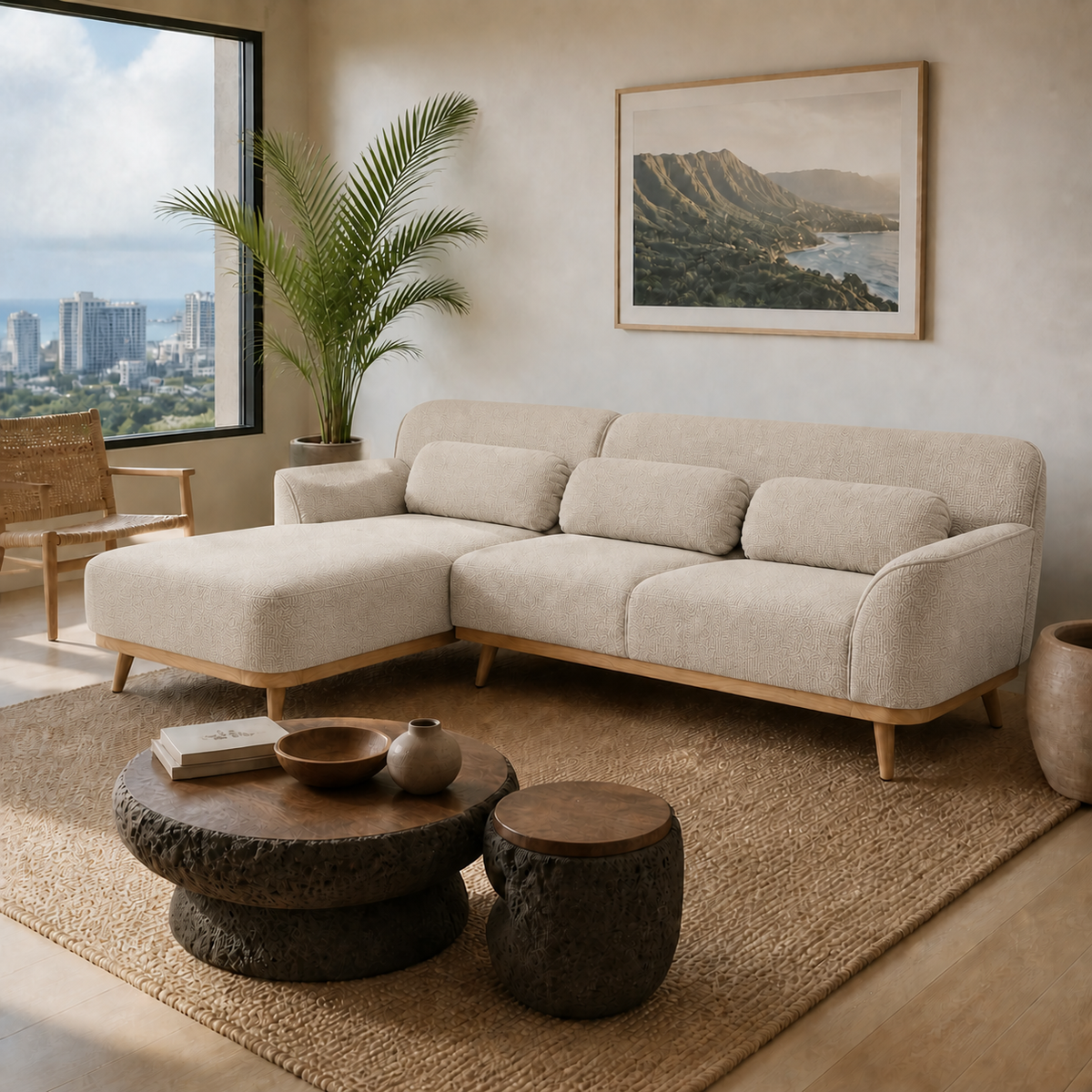 Solid Wood Sectional 105 inch Beige Facing Left staged side in a color-calibrated Honolulu condo
