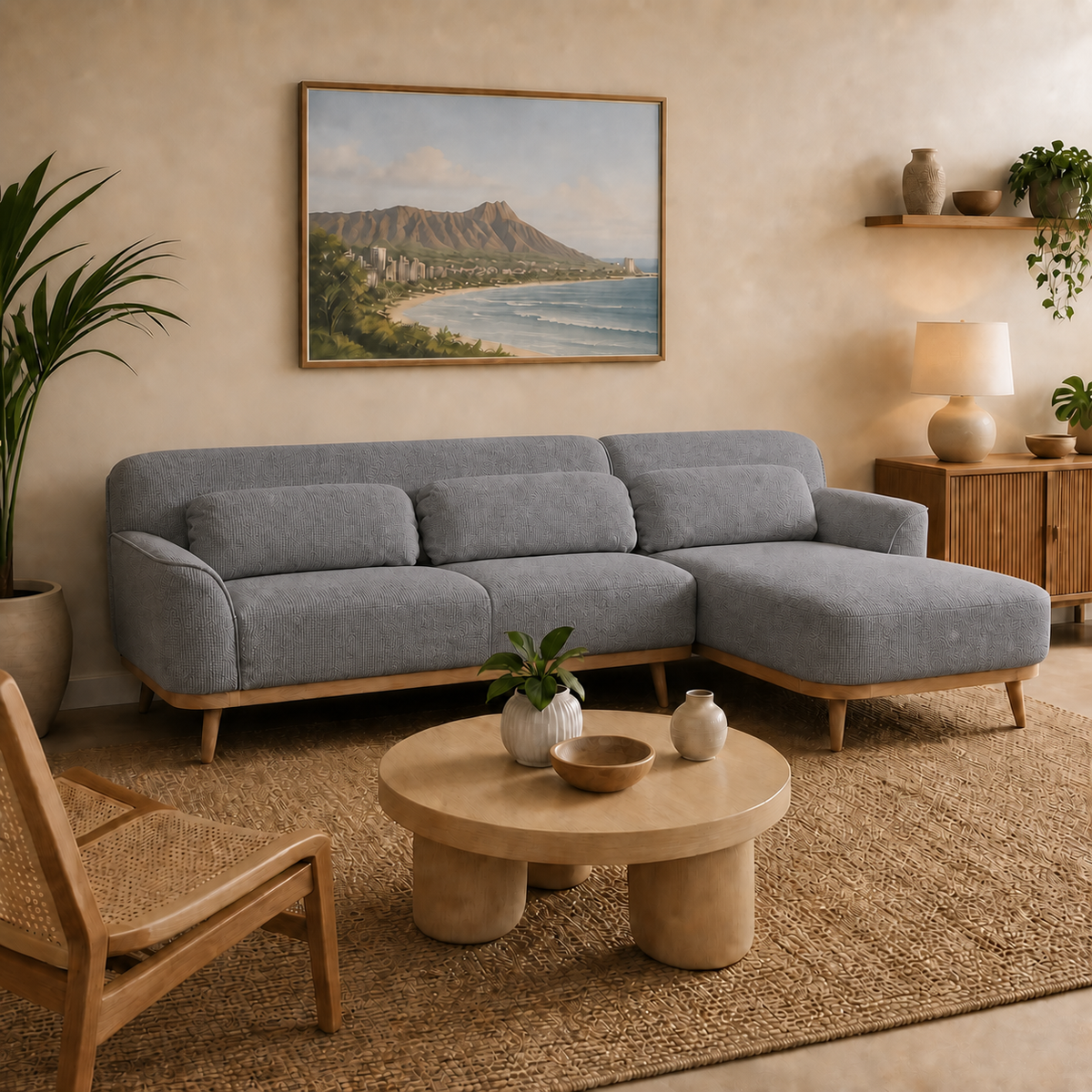 Solid Wood Sectional 105 inch Grey Facing Right staged side in a color-calibrated Honolulu condo