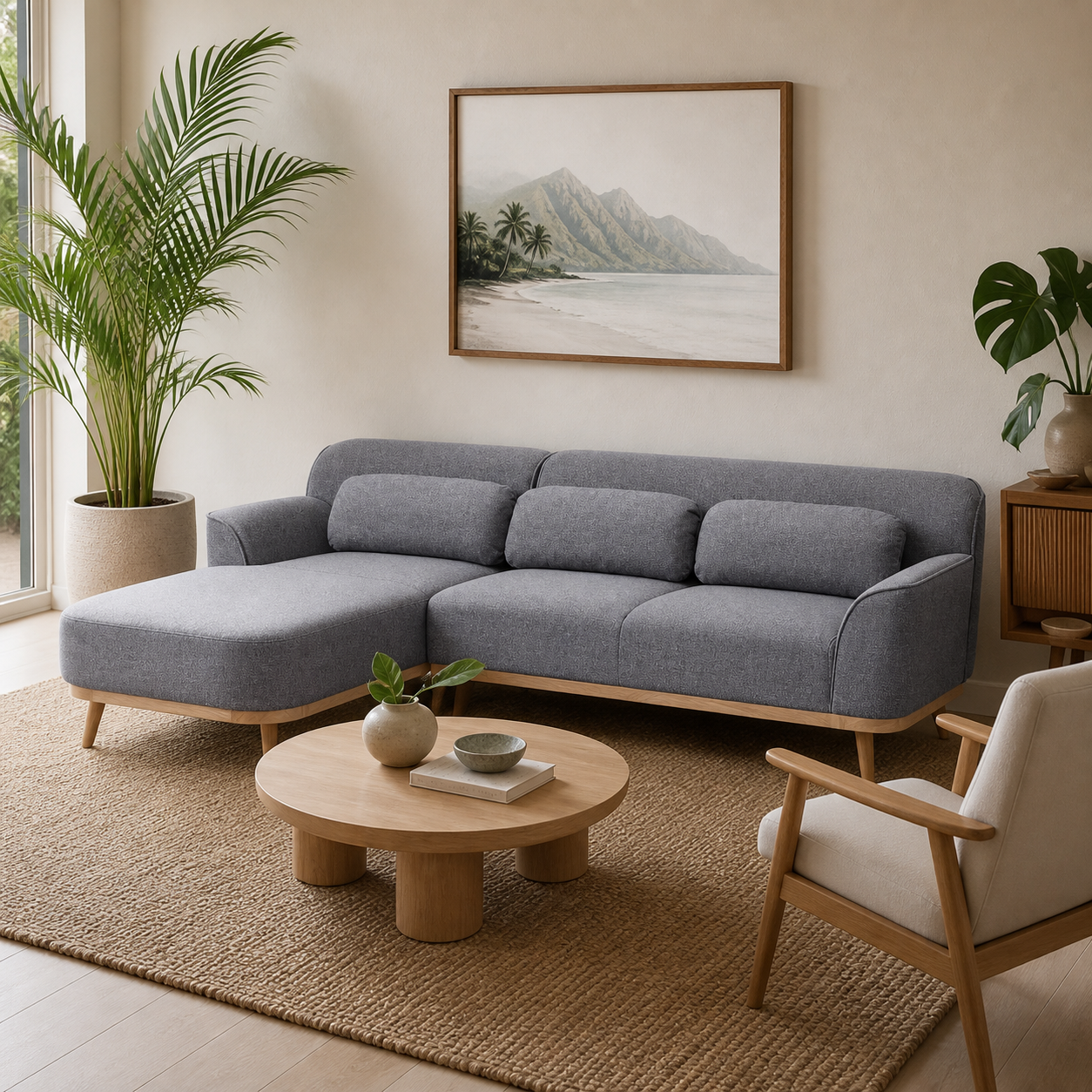 Solid Wood Sectional 105 inch Grey Facing Left staged side in a color-calibrated Honolulu condo