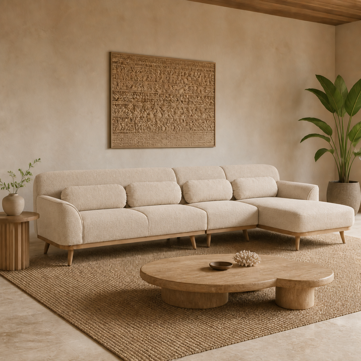 Solid Wood Sectional 135 inch Beige Facing Right staged side in a color-calibrated Hawaiian home
