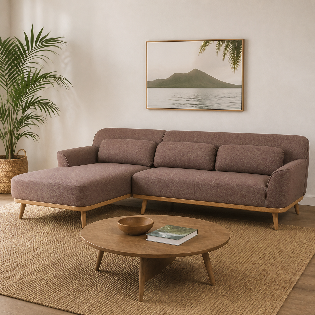 Solid Wood Sectional 105 inch Sand Facing Left rendered v3 staged side in a modern Hawaiian home