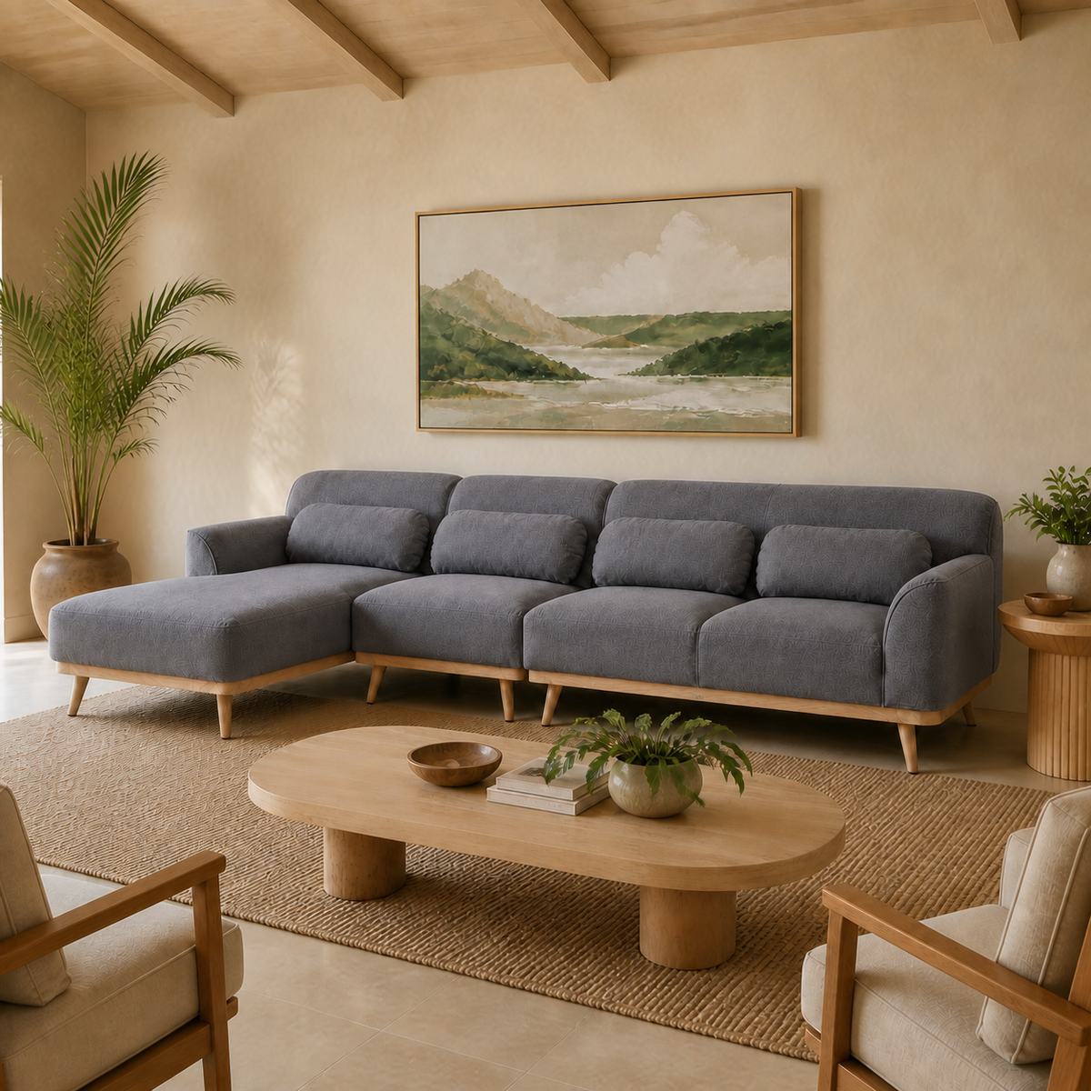 Solid Wood Sectional 135 inch Grey Facing Left staged side in a color-calibrated Hawaiian home