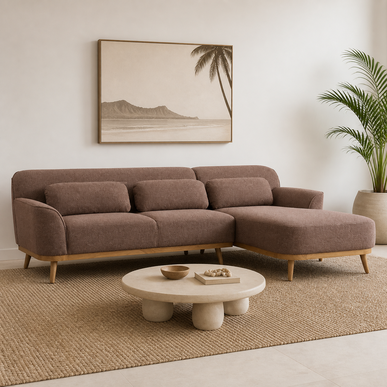 Solid Wood Sectional 105 inch Sand Facing Right rendered v3 staged side in a modern Hawaiian home