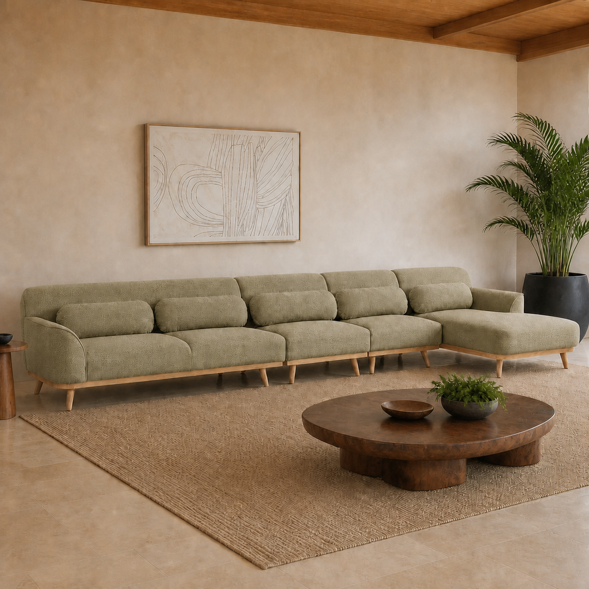 Solid Wood Sectional 164 inch Pistachio Facing Right staged side in a color-calibrated large Hawaiian home