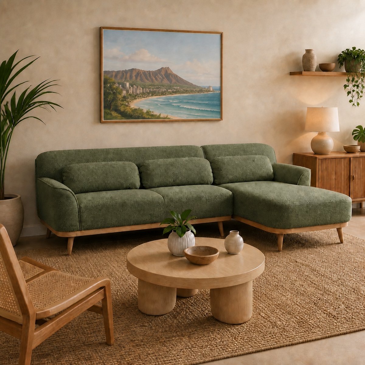 Solid Wood Sectional 105 inch Olive Green Facing Right staged side in a color-calibrated Honolulu condo
