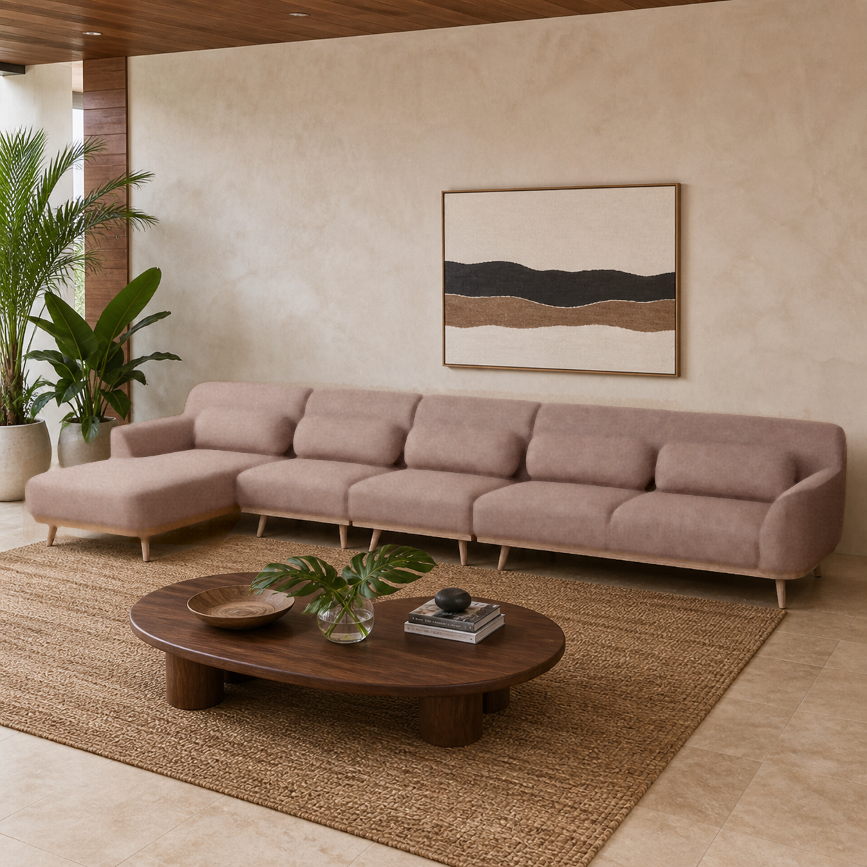 Solid Wood Sectional 164 inch Sand Facing Left rendered v3 staged side in a modern Hawaiian home