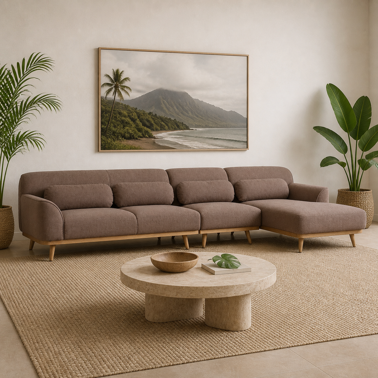 Solid Wood Sectional 135 inch Sand Facing Right rendered v3 staged side in a modern Hawaiian home