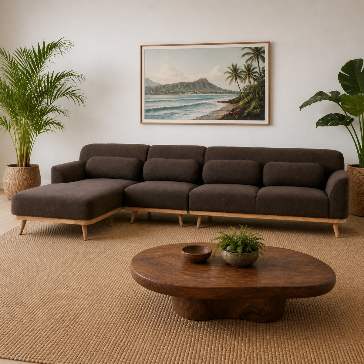 Solid Wood Sectional 135 inch Brown Facing Left rendered v3 staged side in a modern Hawaiian home
