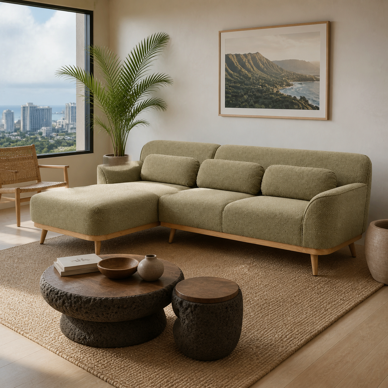 Solid Wood Sectional 105 inch Pistachio Facing Left staged side in a spatially planned Honolulu condo