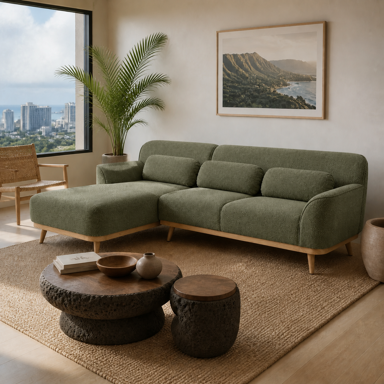 Solid Wood Sectional 105 inch Olive Green Facing Left staged side in a color-calibrated Honolulu condo