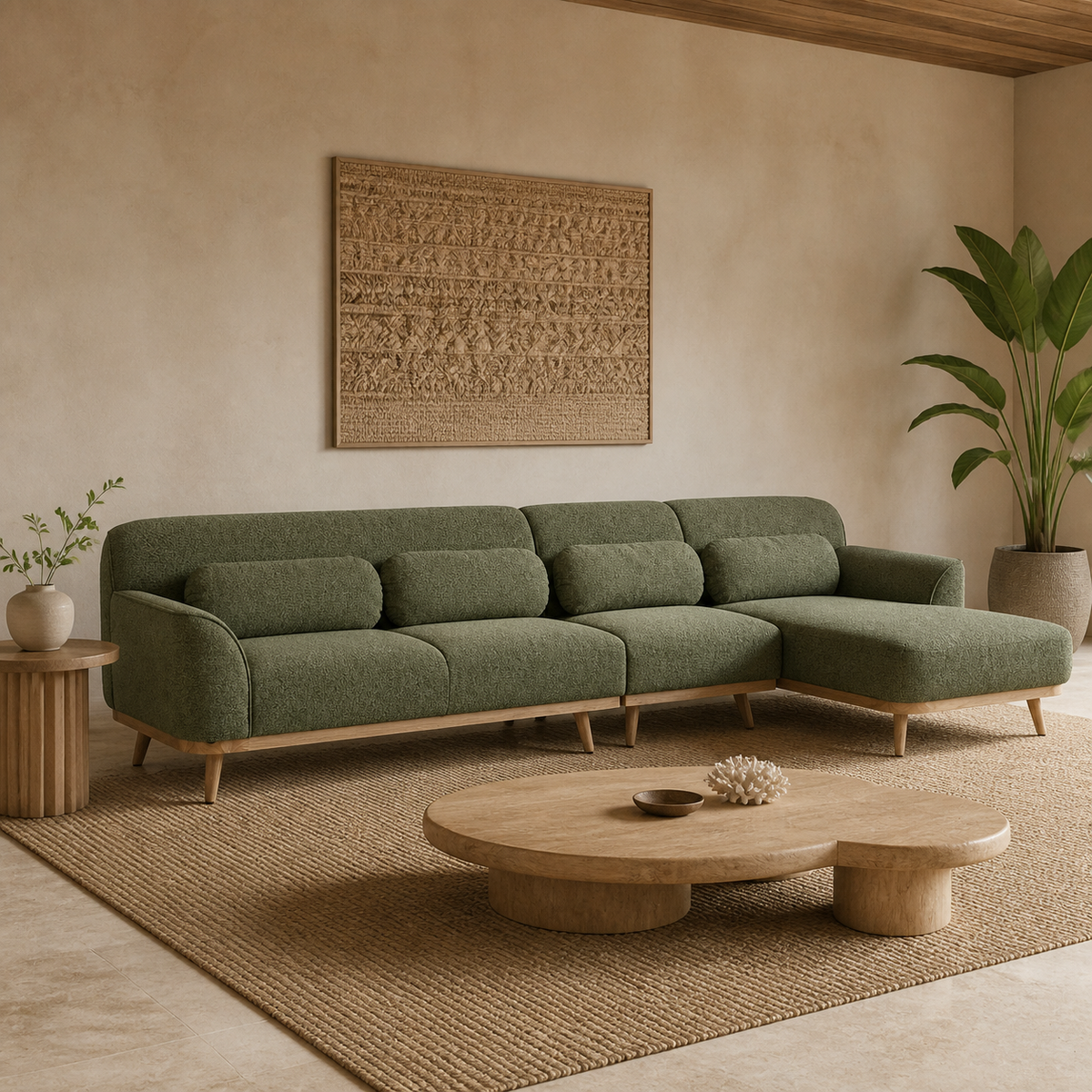 Solid Wood Sectional 135 inch Olive Green Facing Right staged side in a color-calibrated Hawaiian home