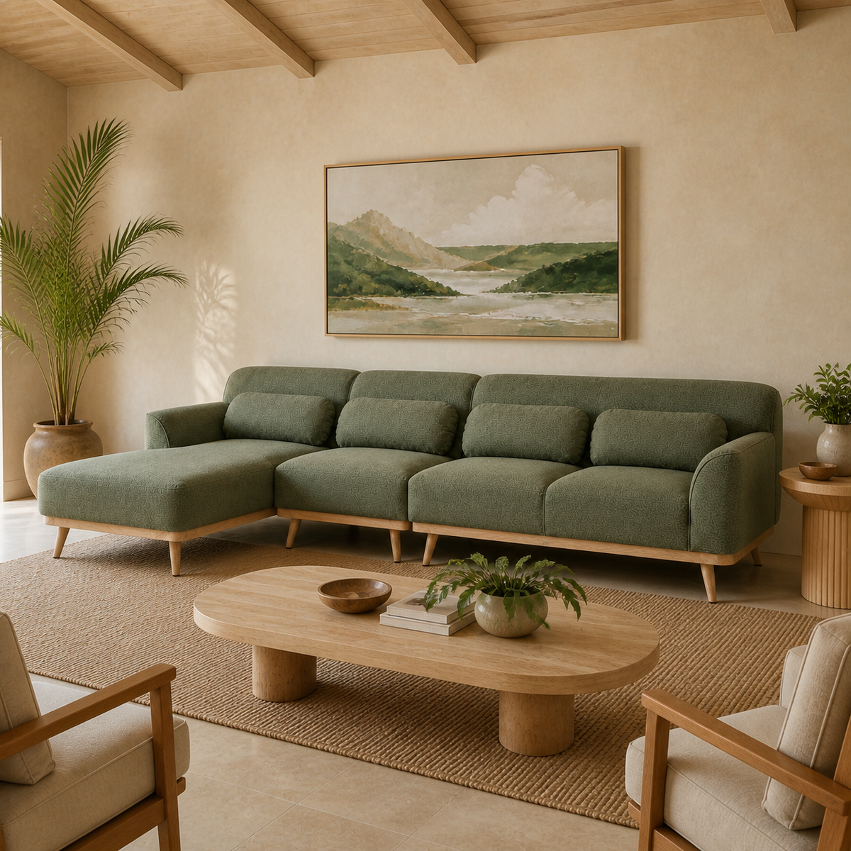 Solid Wood Sectional 135 inch Olive Green Facing Left staged side in a color-calibrated Hawaiian home
