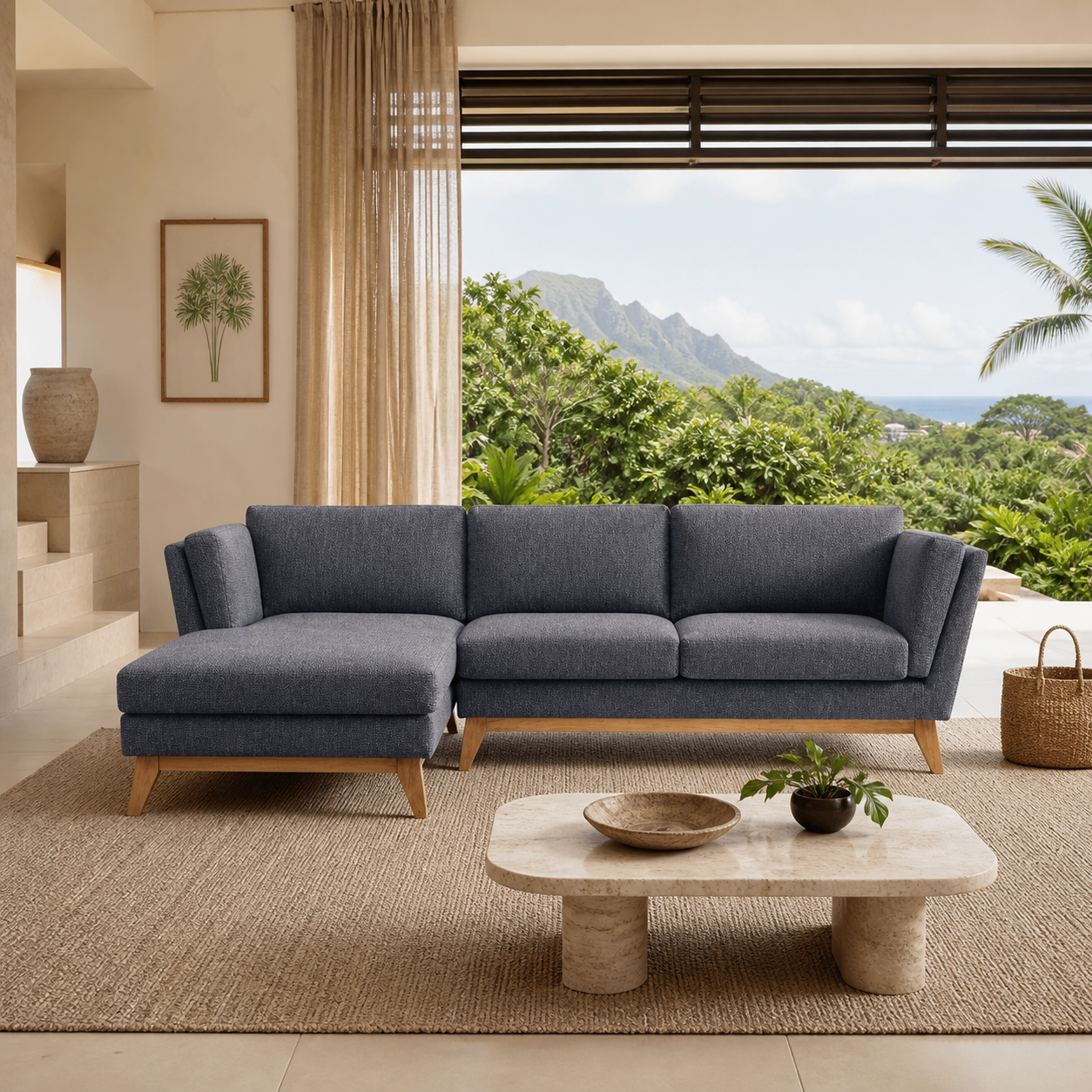 ValMinimal Sectional 102 inch Dark Grey Facing Left in a spacious Oahu living room
