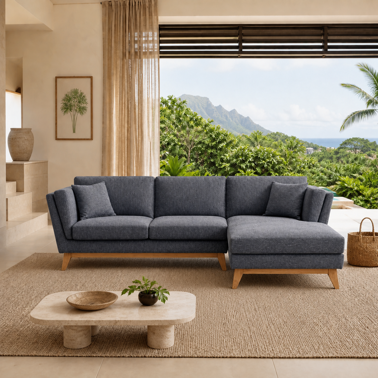 ValMinimal Sectional 102 inch Dark Grey Facing Right in a spacious Oahu living room
