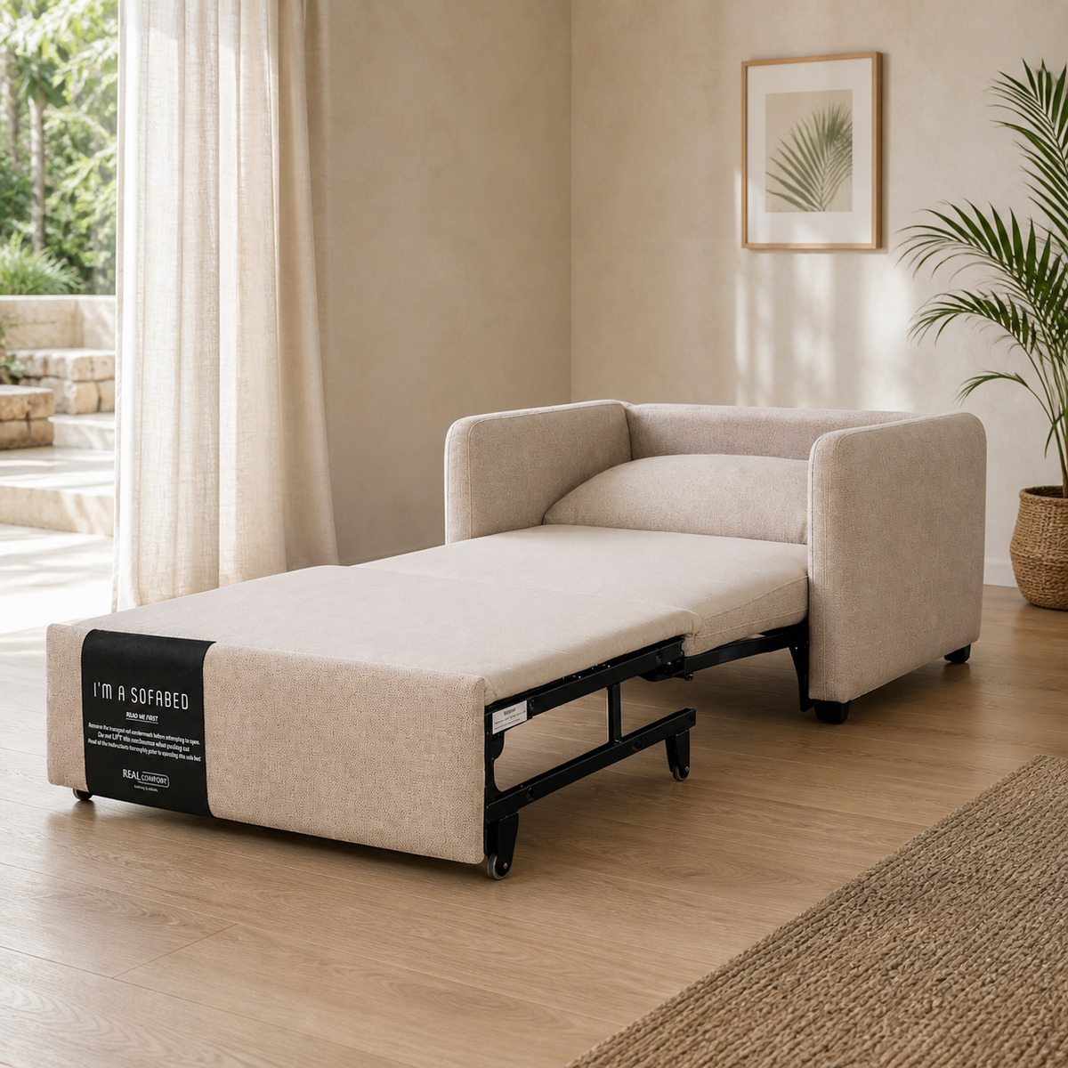 Dianna Lounge Chair Bed in Beige with sleeper mechanism visible